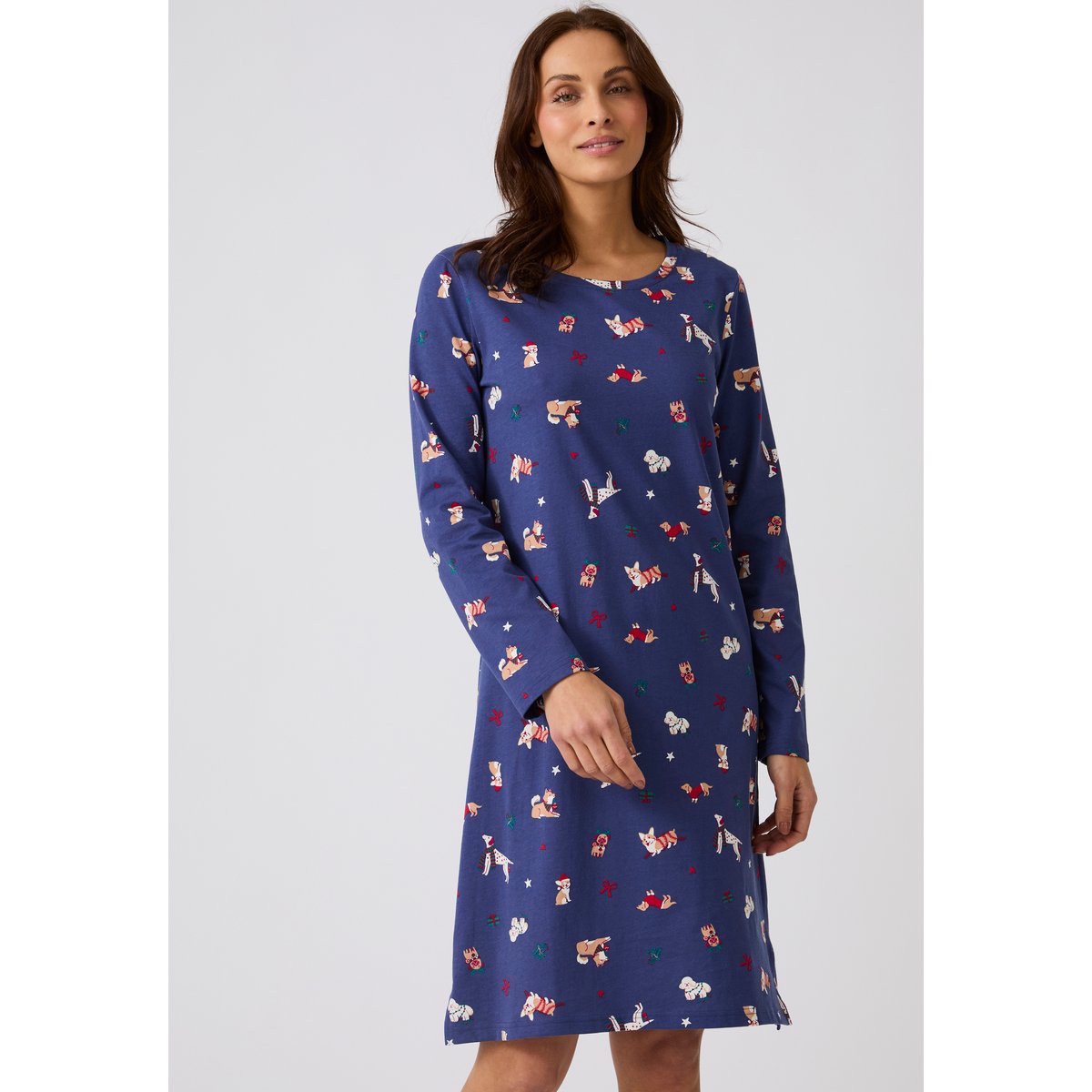 Chemise de nuit de Noël en maille jersey pur coton peigné bleu marine imp., DAMART
