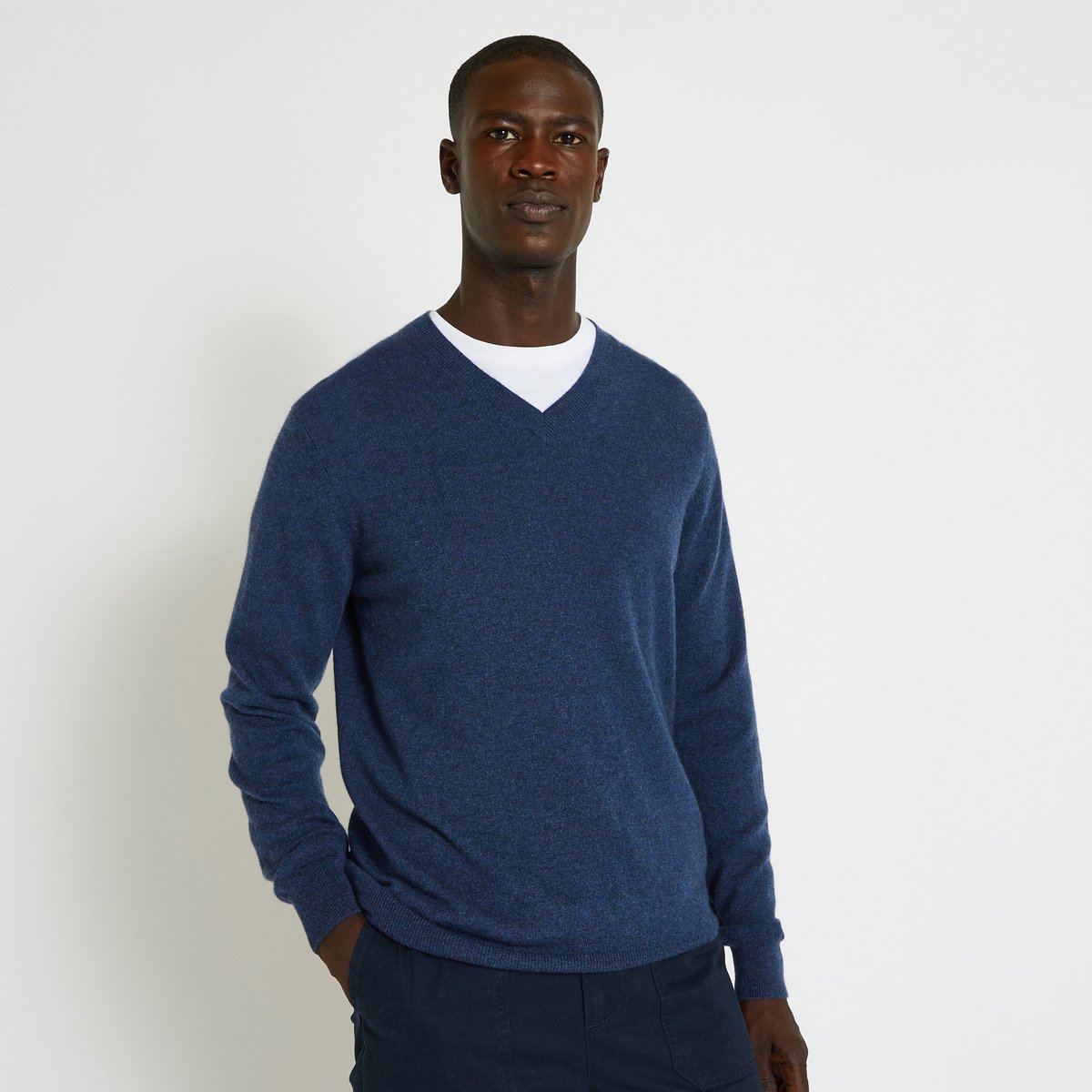 Pull col V en cachemire, Oeko-tex denim melange, MONOPRIX