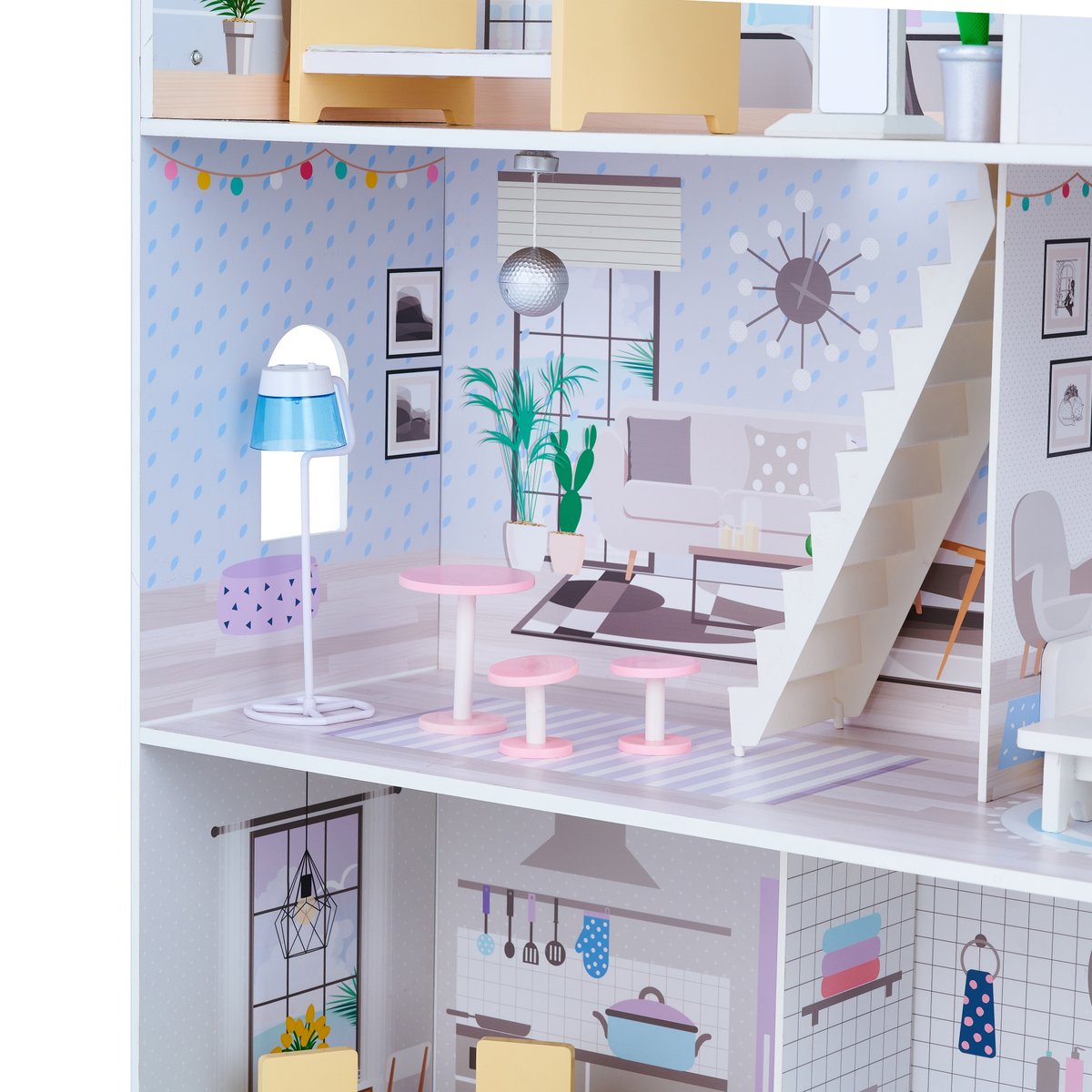 Maison Poupée 3 étages avec 16 accessoires, Bois, DREAMLAND blanc, TEAMSON KIDS