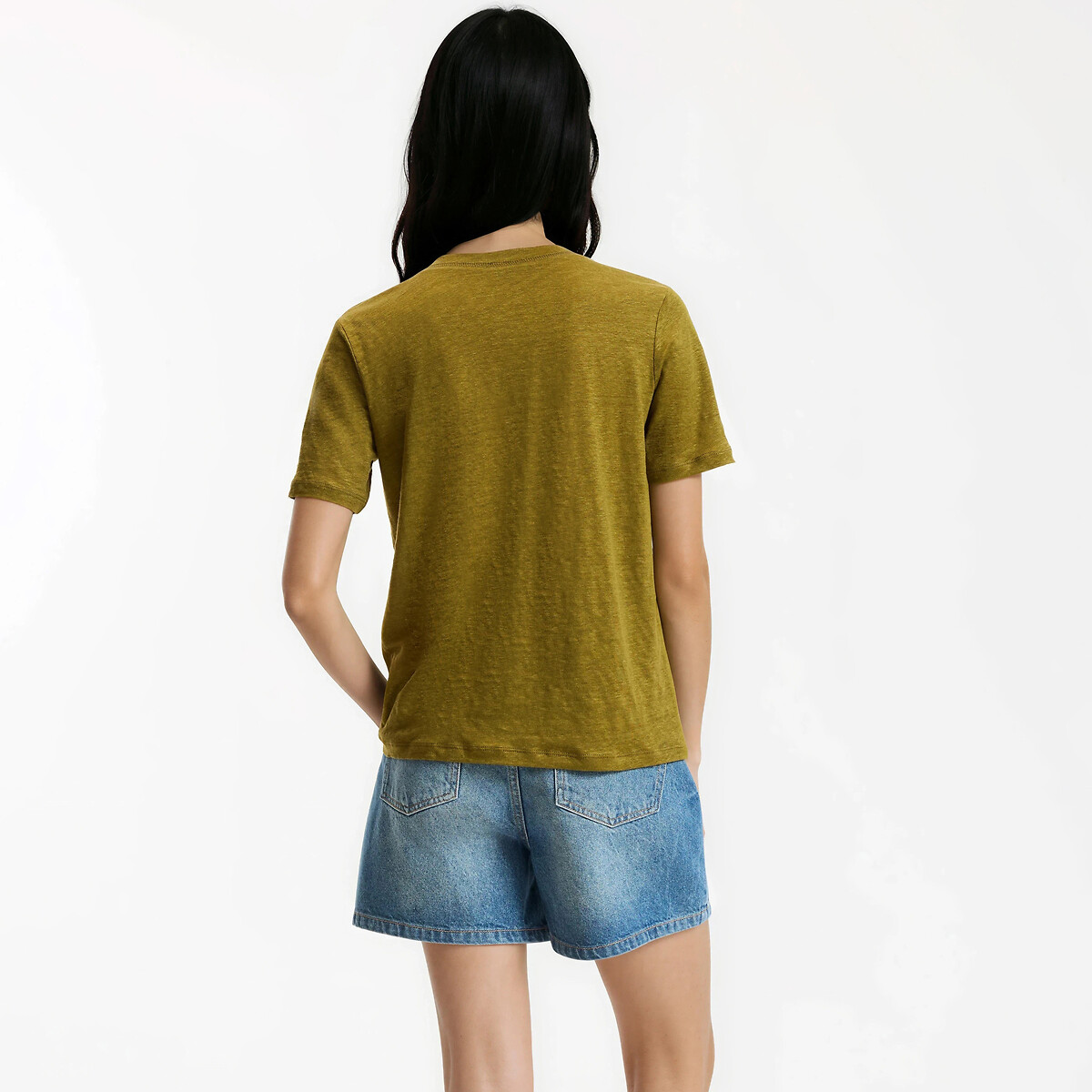 T-shirt en lin, col V, manches courtes vert kaki, LA REDOUTE COLLECTIONS