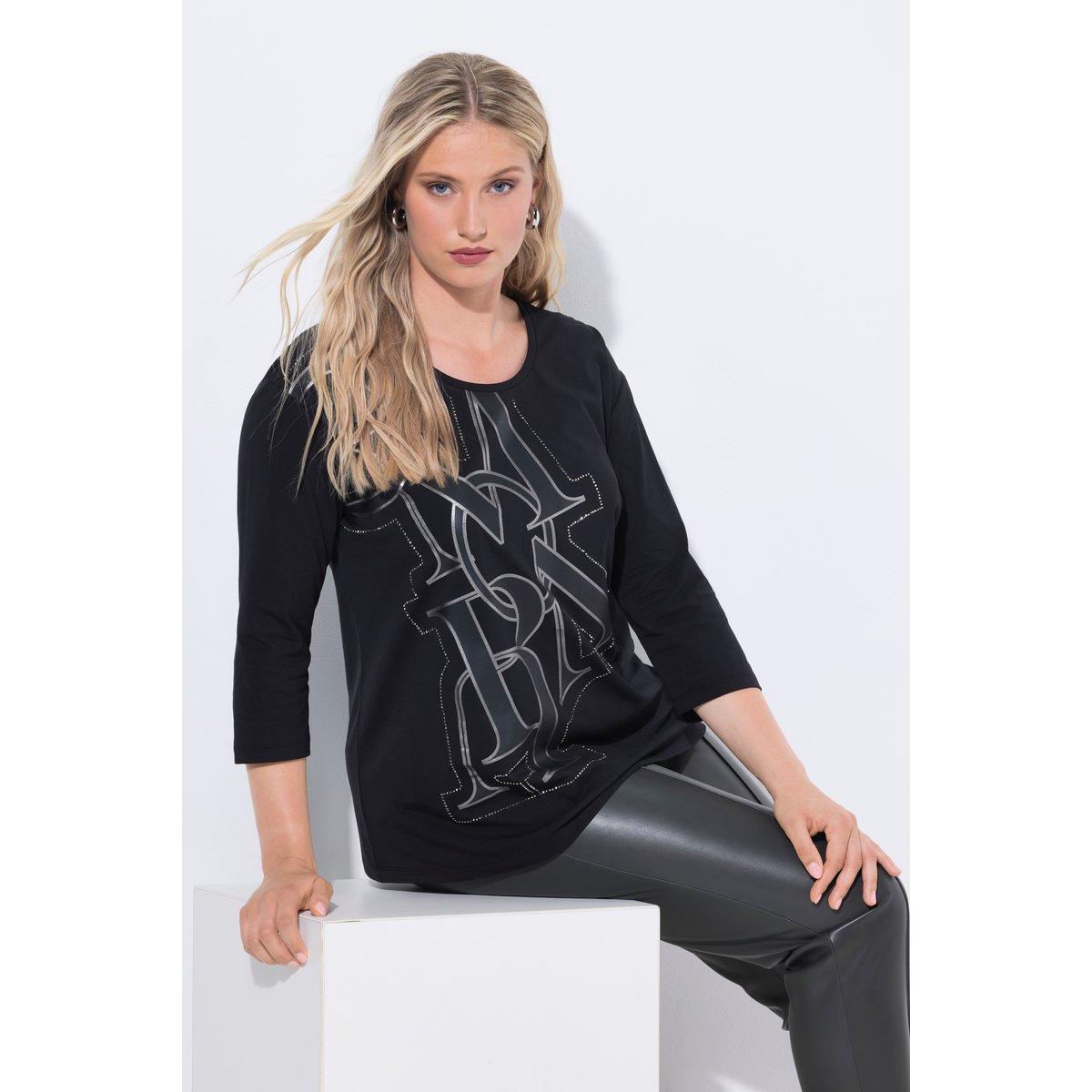 T-shirt oversize à col rond et manches 3/4 noir, ULLA POPKEN