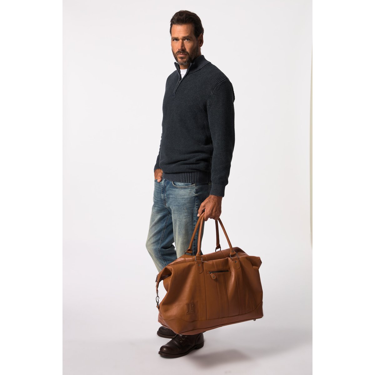 Sac Weekender, en cuir d'agneau nappa marron cognac, JP1880