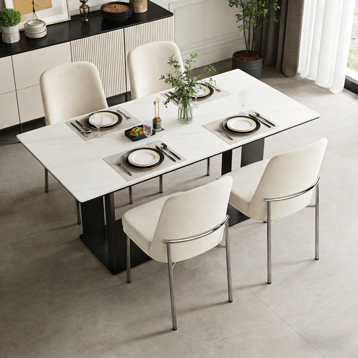 Lot de 4 chaises de salle à manger en velours avec pieds métal, DUORAUC beige, MEUBLES COSY