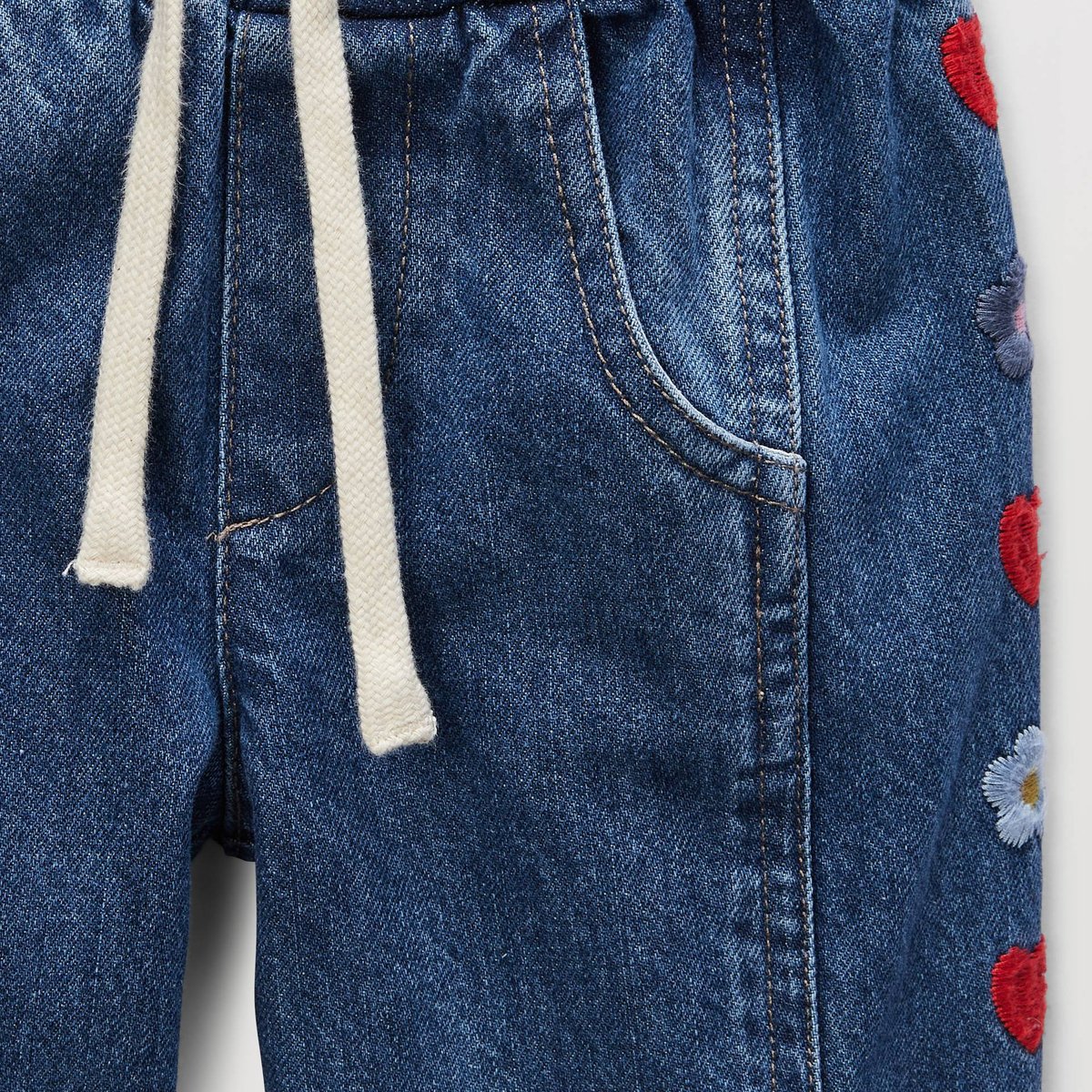Jean taille élastique brodé en coton denim, BOUT'CHOU