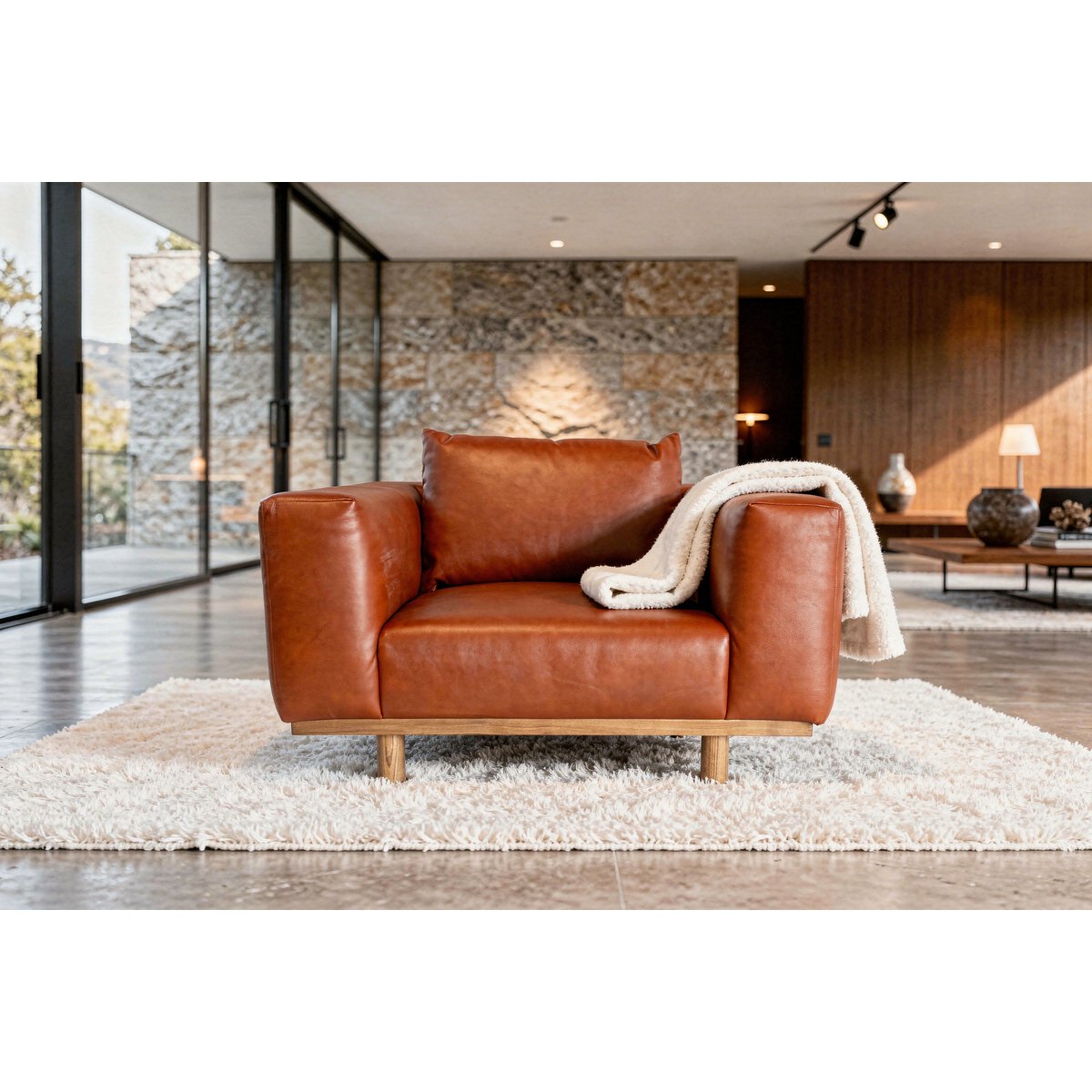 Fauteuil en cuir pleine fleur et chêne ANDERSEN marron clair, PRODUIT INTERIEUR BRUT