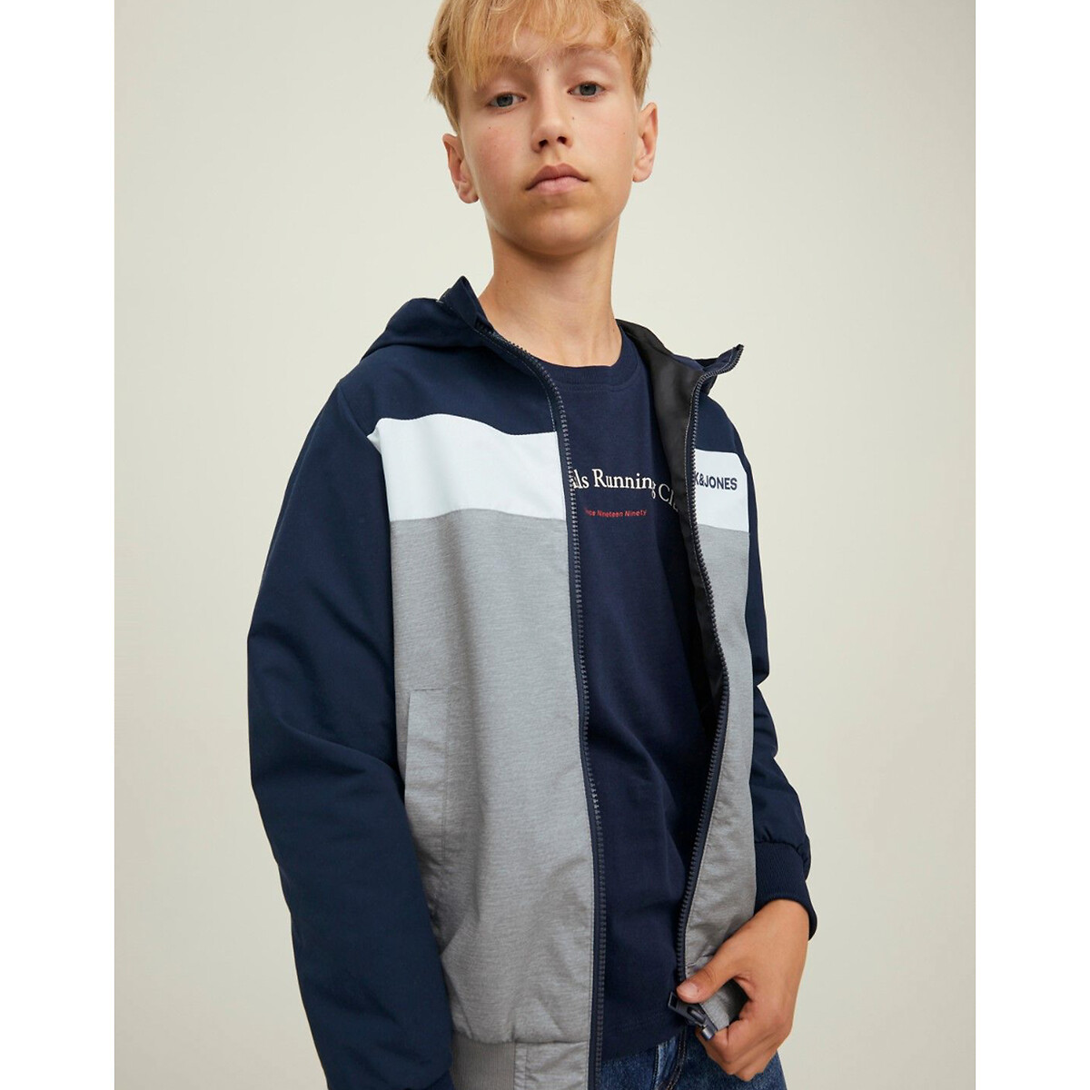 Blouson à capuche 10-16 ans bleu marine + gris, JACK & JONES JUNIOR