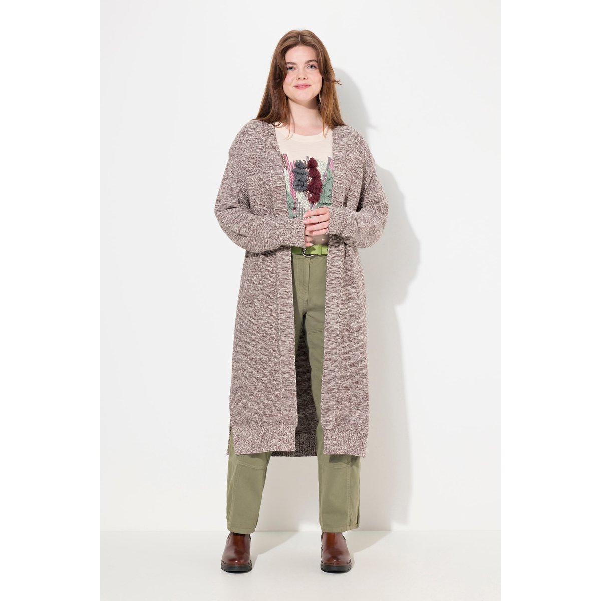 Cardigan long en maille de coton bio taupe foncé, ULLA POPKEN