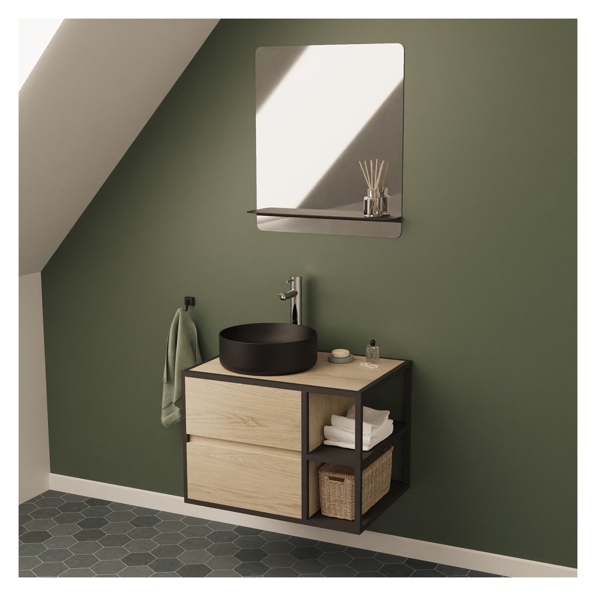 Ensemble meuble simple vasque 70 cm + vasque + miroir EDISSON chêne - ppm - mat, MOB IN