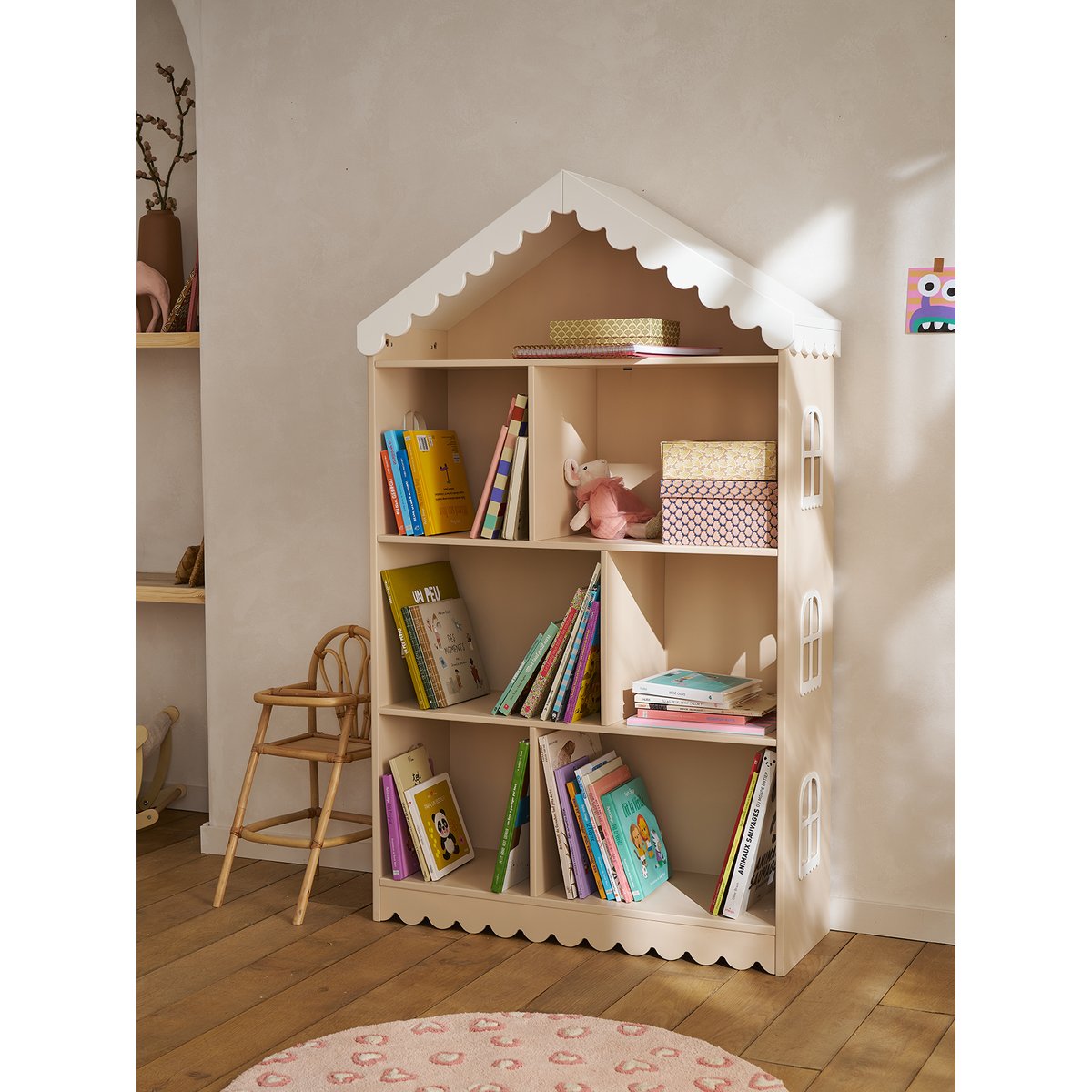 Bibliothèque feston bois maison rose, VERTBAUDET