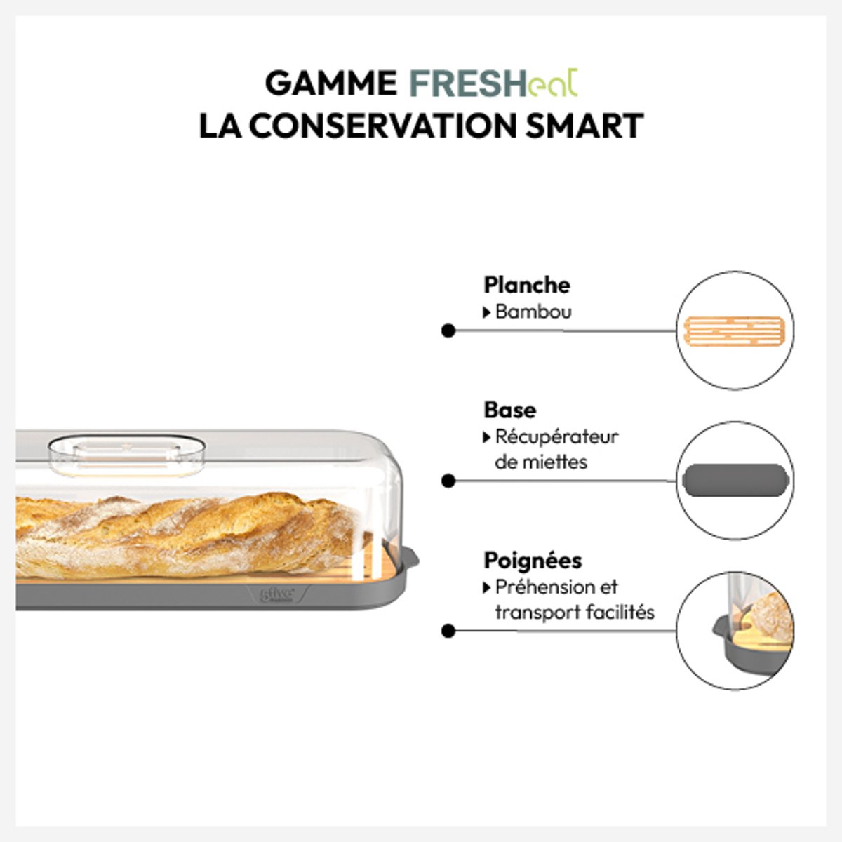 Boîte à baguette 2-en-1 avec planche FRESH EAT gris, 5FIVE SIMPLY SMART