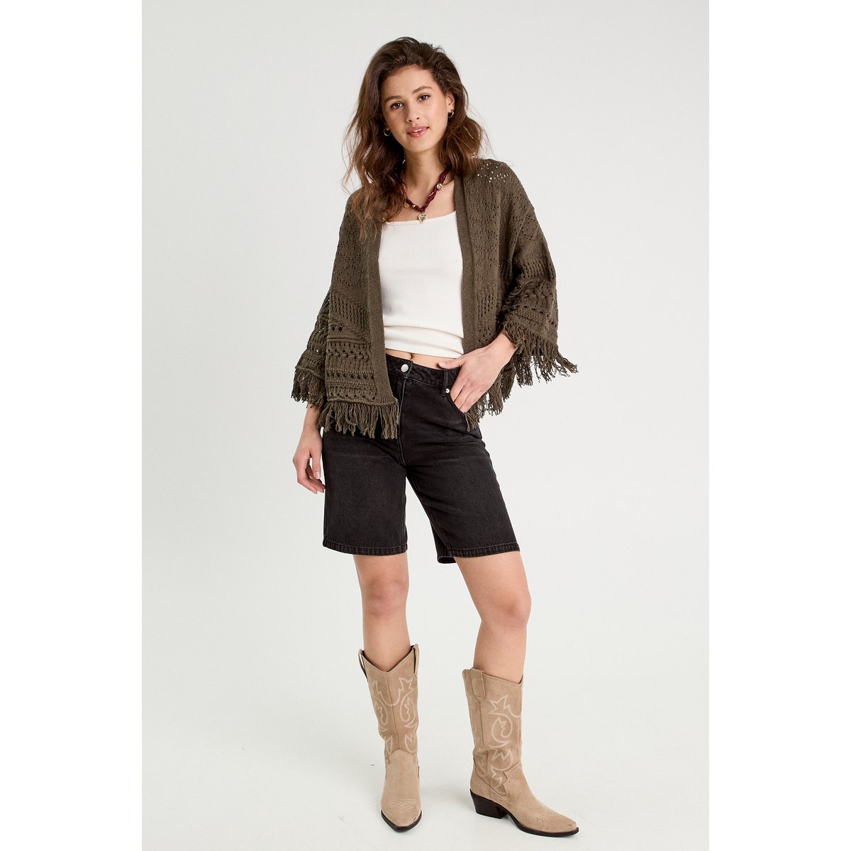 Gilet ajouré avec franges vert kaki, CACHE CACHE