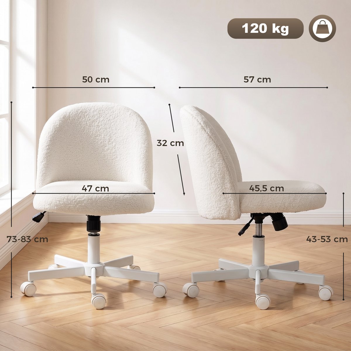Chaise de bureau Tissu bouclette Blanc Crème blanc crème, HOMCOM
