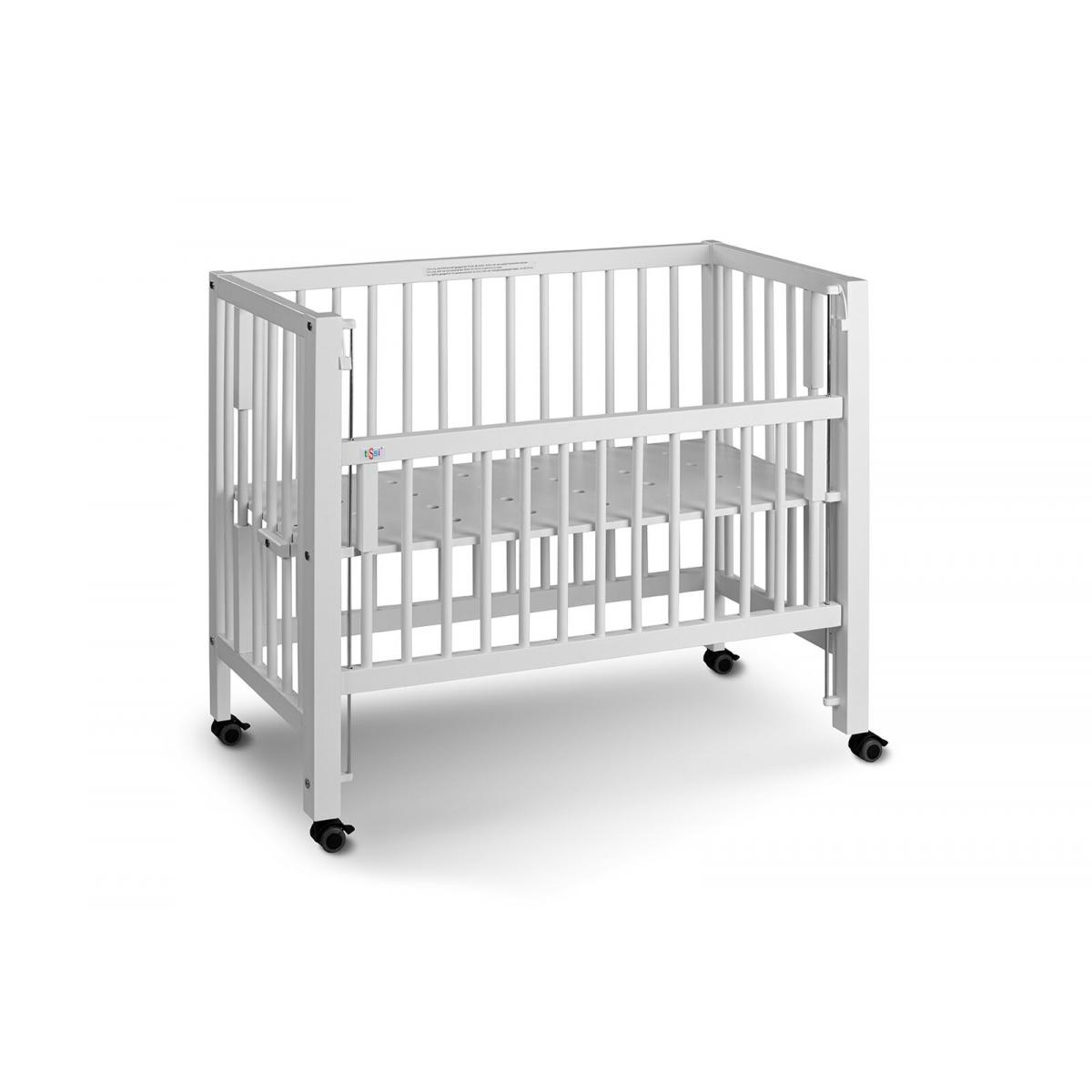 Lit bébé à barreaux cododo Maxi Boxspring en hêtre massif blanc 50x90 cm couleur unique, TISSI
