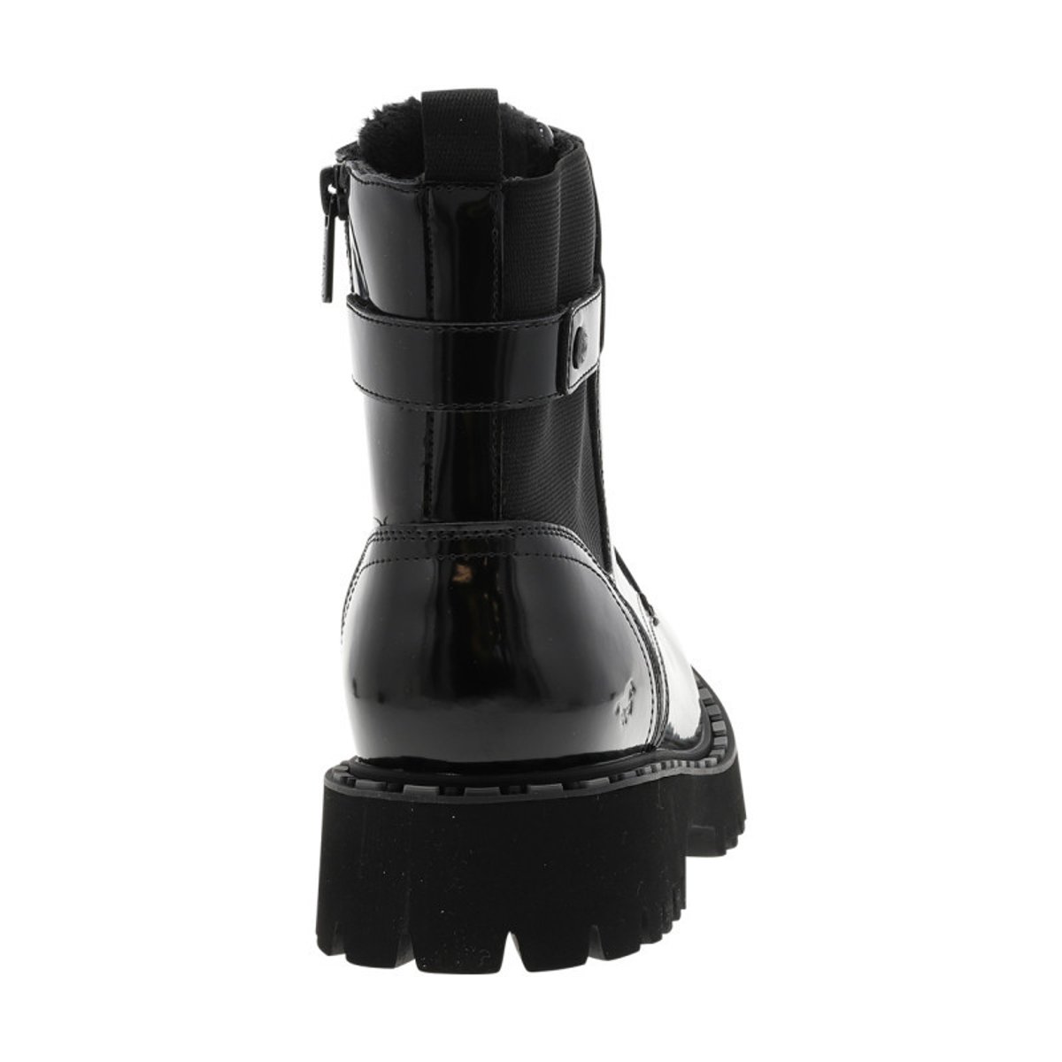 Bottines noires vernis à talon décroché bas avec des lacets plats et un zip noires vernies, MUSTANG