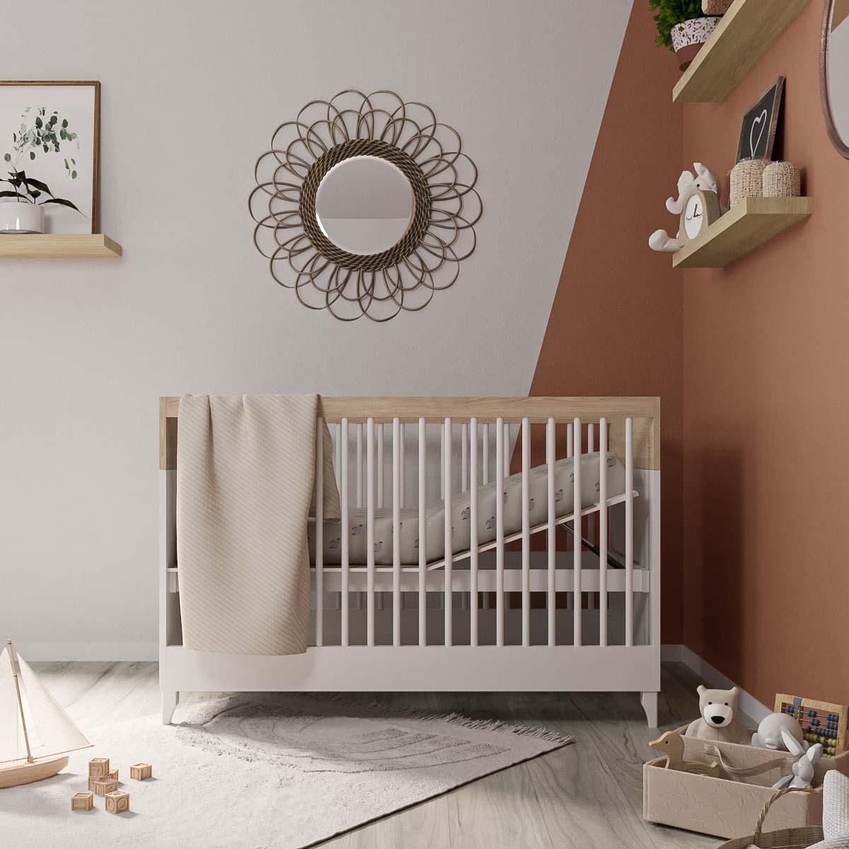 Lit bébé DIXIE blanc et bois, AKITEN RETAIL