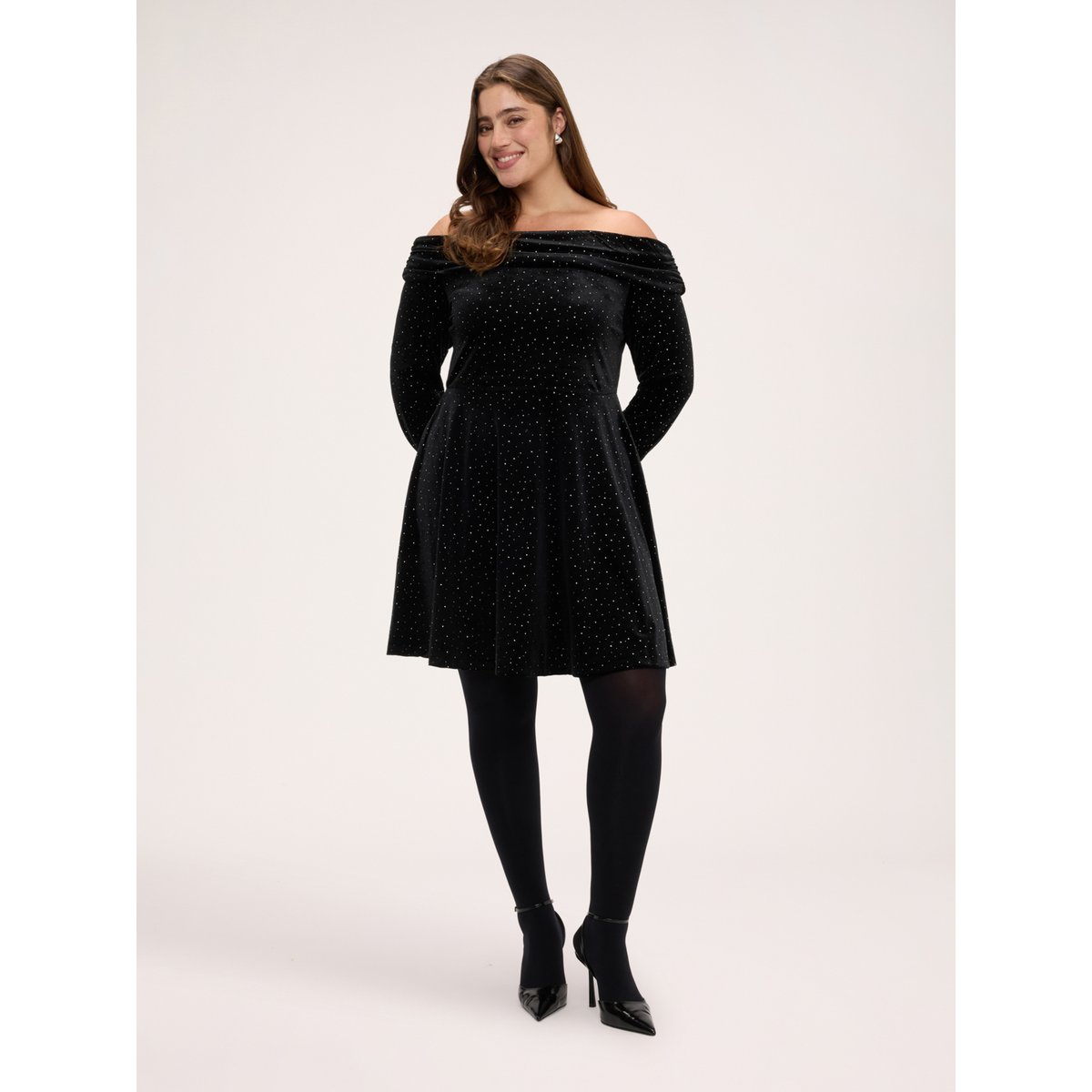 Robe épaules dénudées avec strass noir, FIORELLA RUBINO