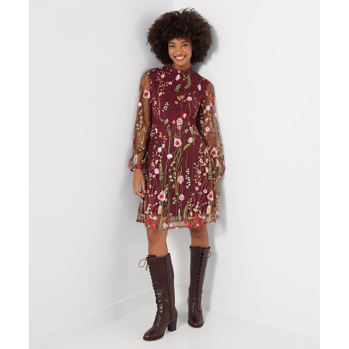Robe à Manches Longues Brodée Fleurie Ellie rouge, JOE BROWNS