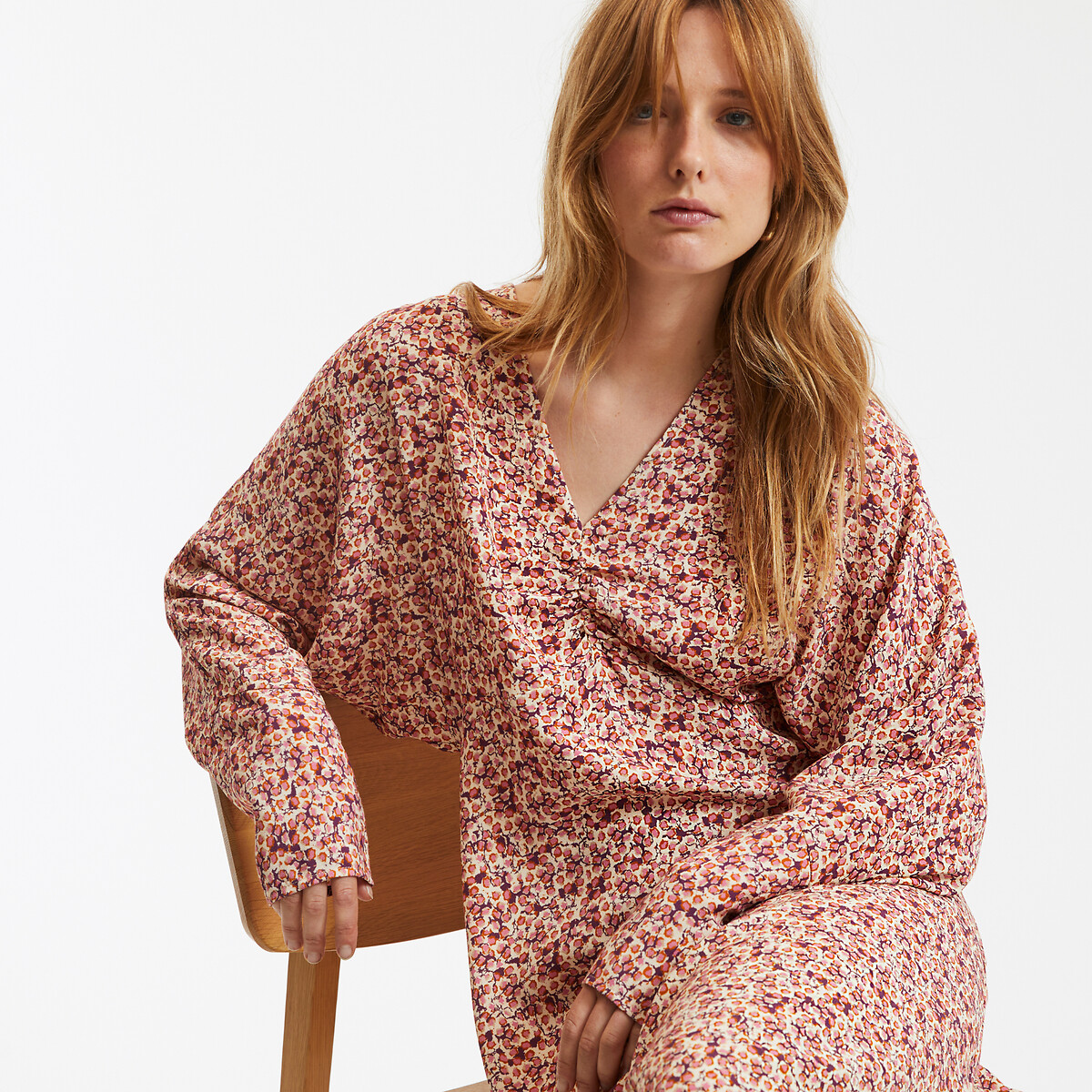 V-Neck Long Dress with Floral Print pink floral print, LA REDOUTE COLLECTIONS