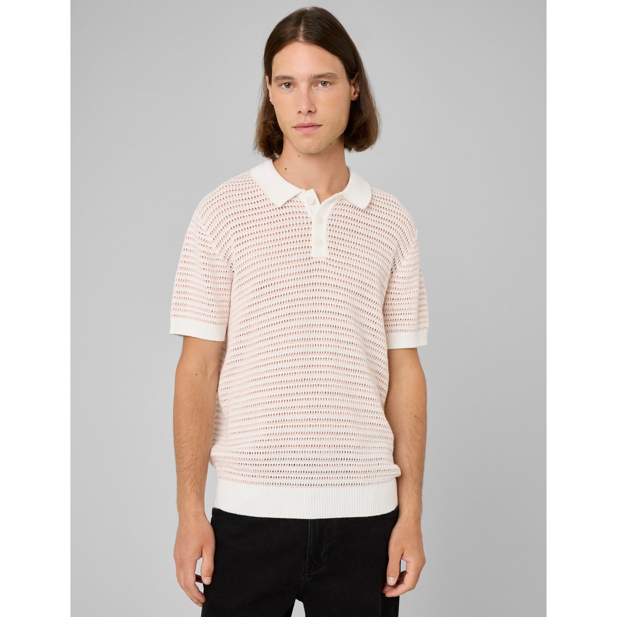 Polo en maille ajourée rayée rose pâle, BZB