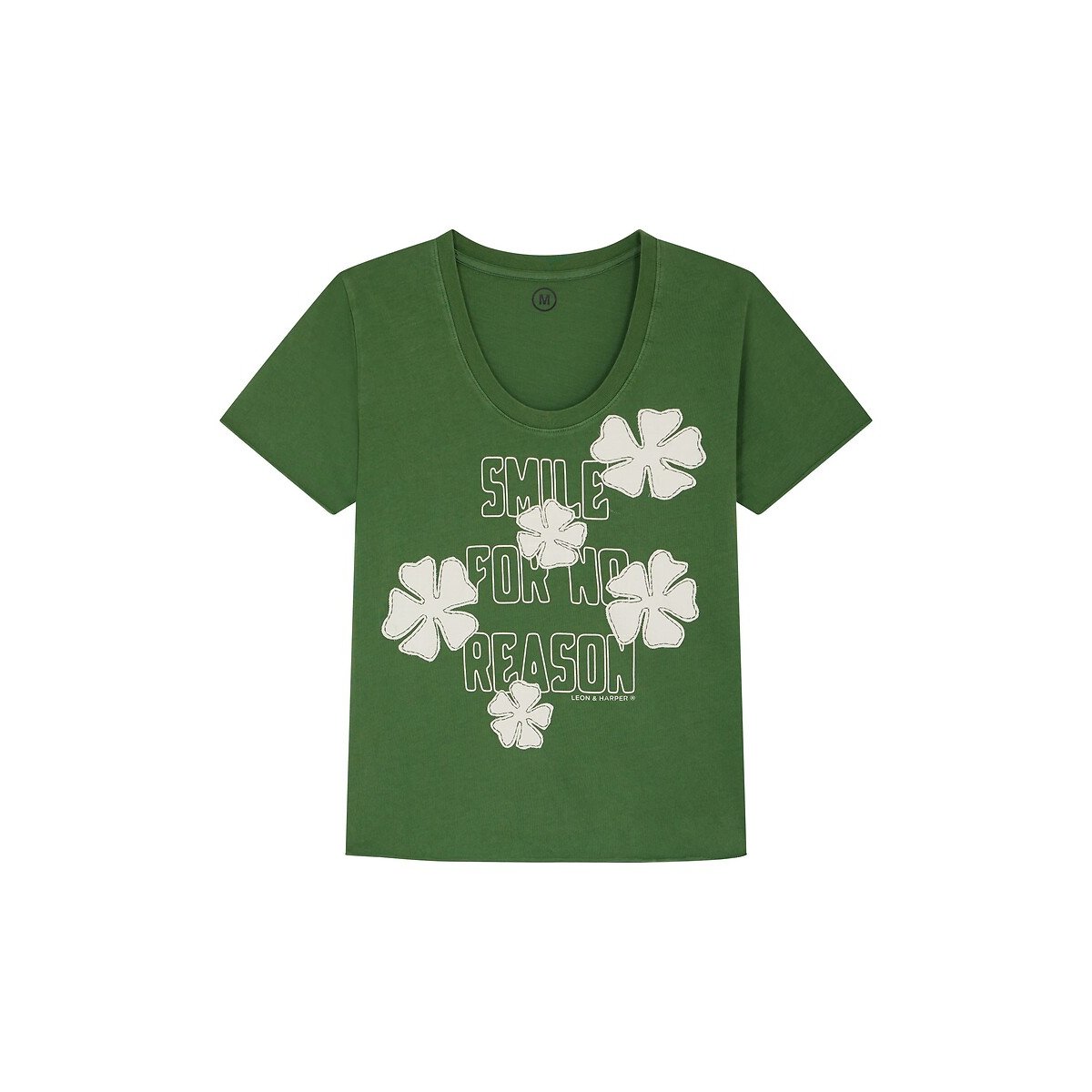T-shirt col U manches courtes à fleurs appliquées, TIZIA vert, LEON & HARPER