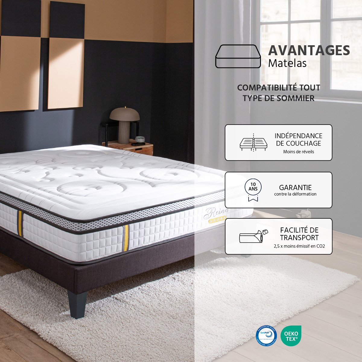 Ensemble Reina 2.0 - Matelas hybride ressorts + mémoire de forme + Sommier - 26 cm d'épaisseur blanc, BELLECOUR