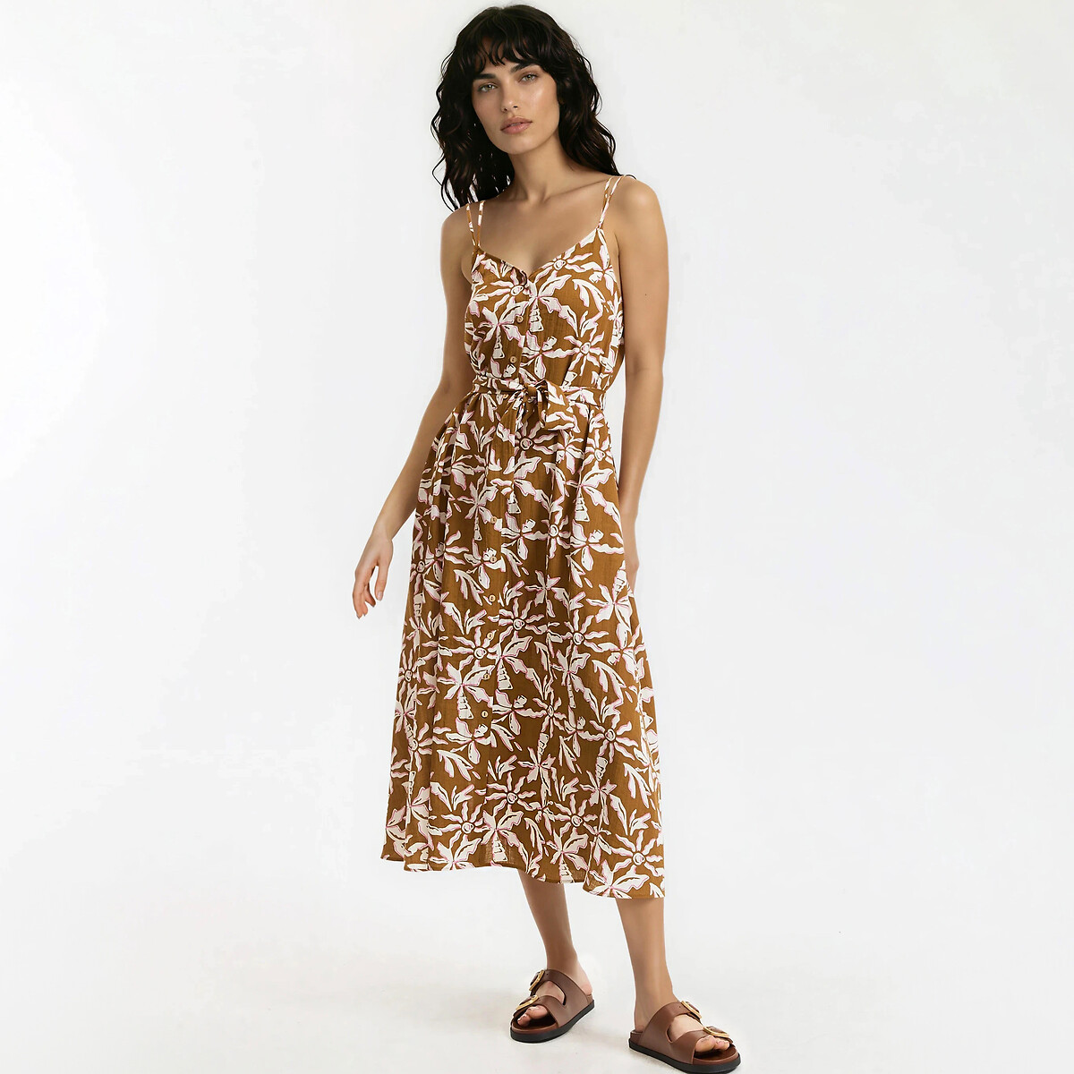 Robe midi à fines bretelles imprimé floral imprimé camel, LA REDOUTE COLLECTIONS