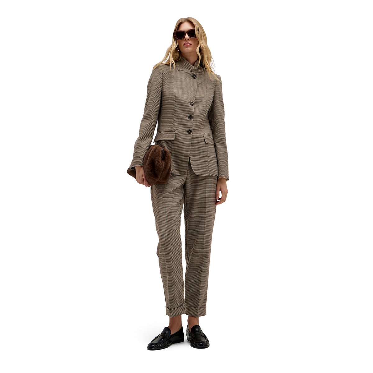 Pantalon regular à revers motif à carreaux beige, MOTIVI