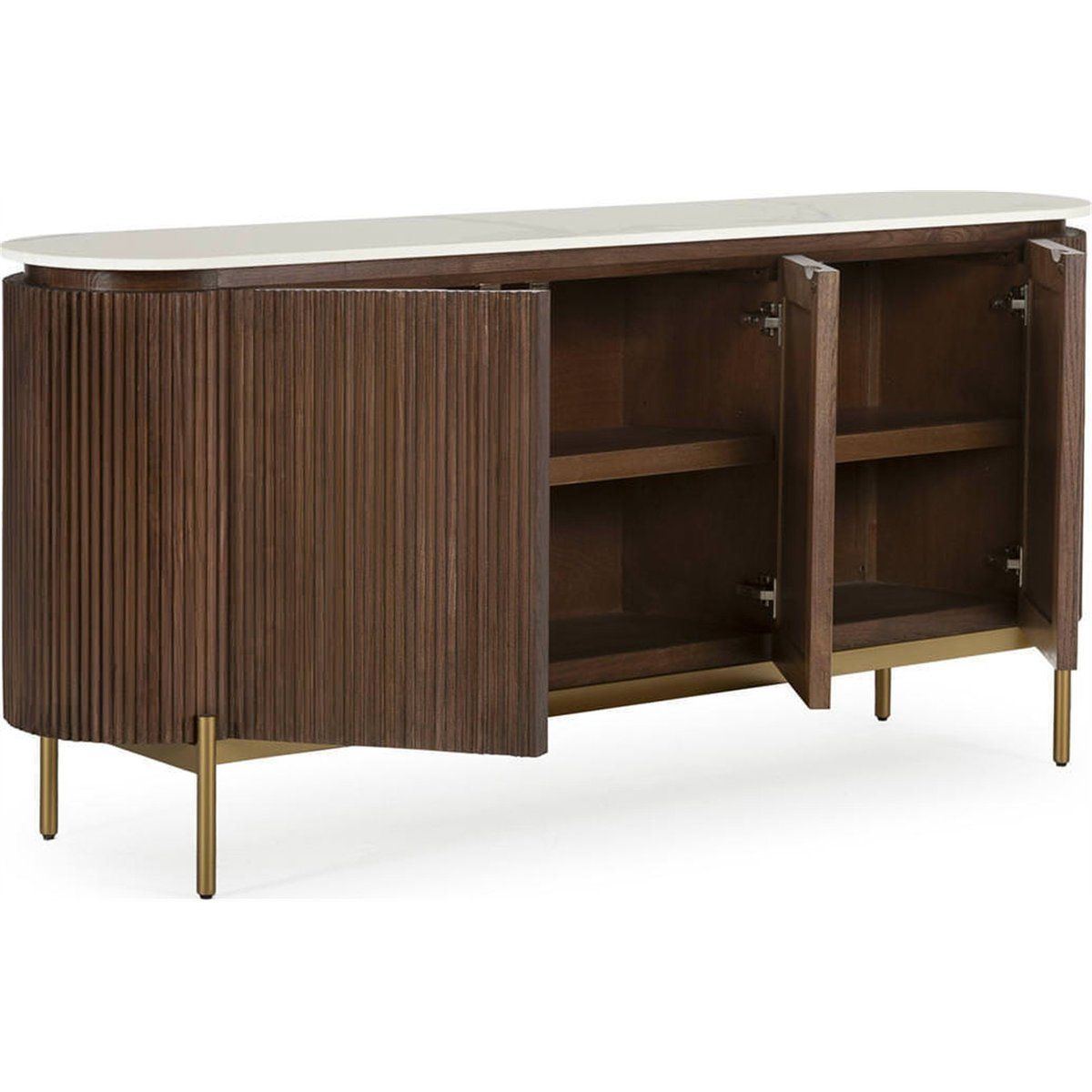 Buffet cannelé en bois d'orme, Piètement doré brun, blanc et doré, RECOLLECTION