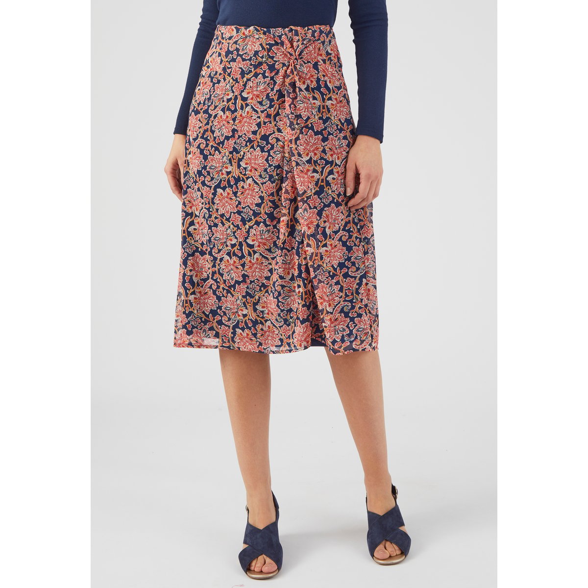 Jupe voile taille effet drapé bleu marine fleuri, DAMART
