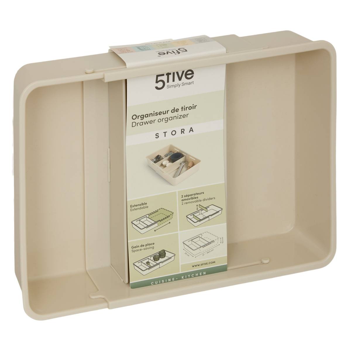 Organiseur de tiroir extensible rectangulaire STORA beige, 5FIVE SIMPLY SMART