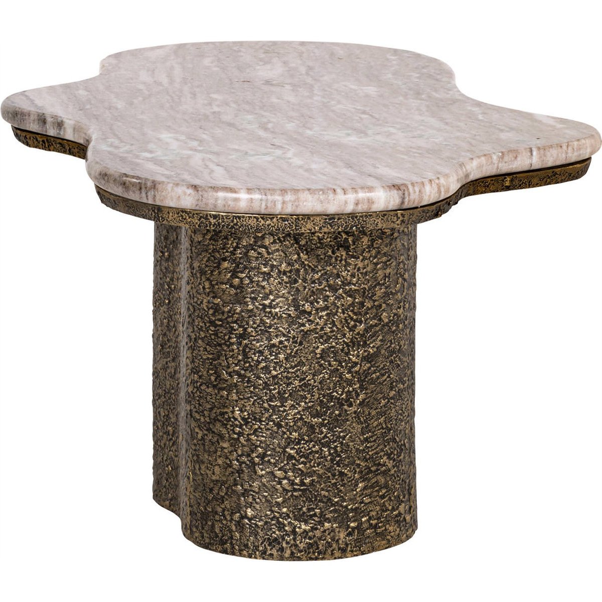 Table basse organique en aluminium et laiton laiton antique et marbre beige, RECOLLECTION