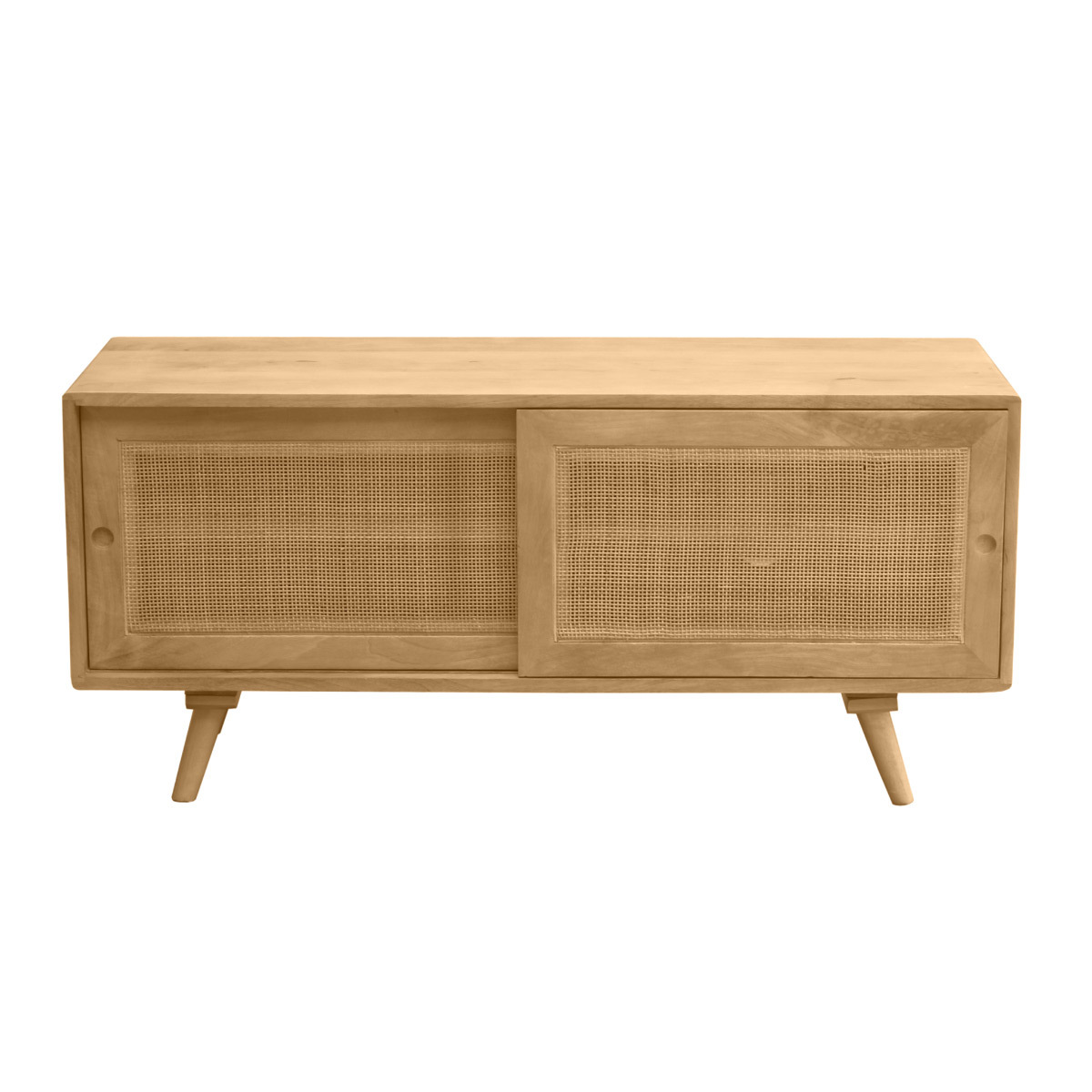 Meuble TV en bois manguier massif et cannage rotin L110 cm ACANGE chêne clair, MILIBOO