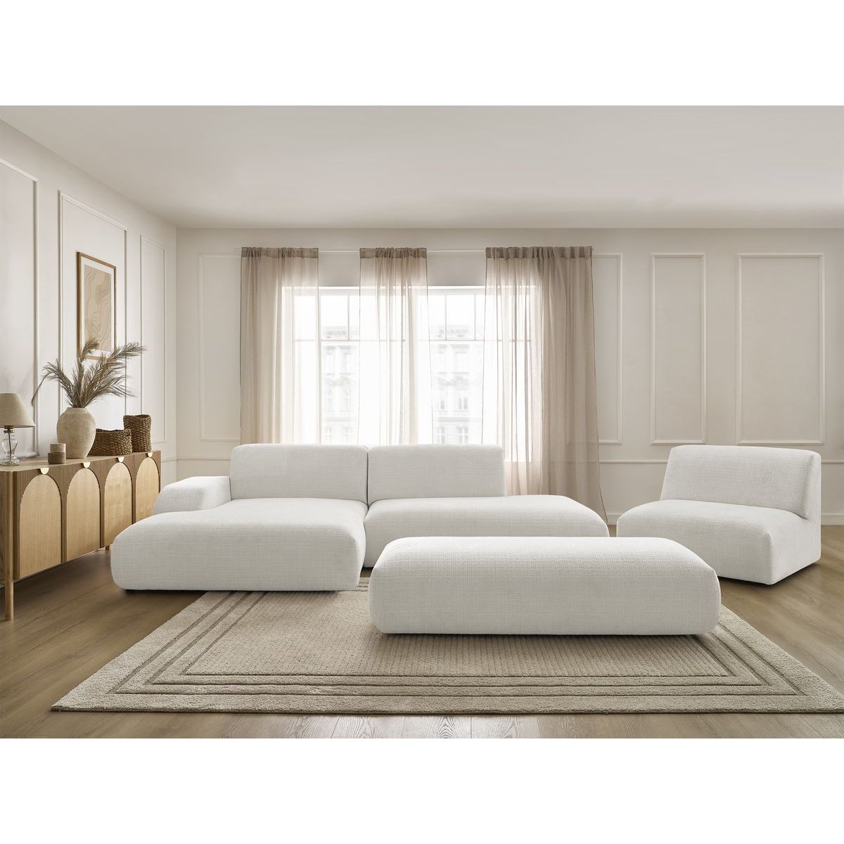 Canapé modulable 5 places en tissu texturé, SIRIUS blanc, BOBOCHIC