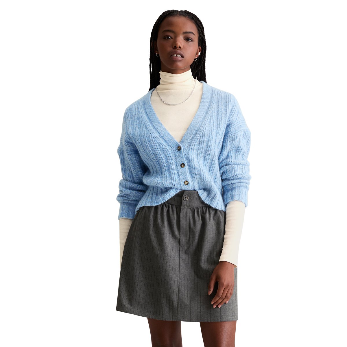Cardigan relaxed en noble mélange de laine et de laine d'alpaga bleu moyen, MARC O’POLO DENIM
