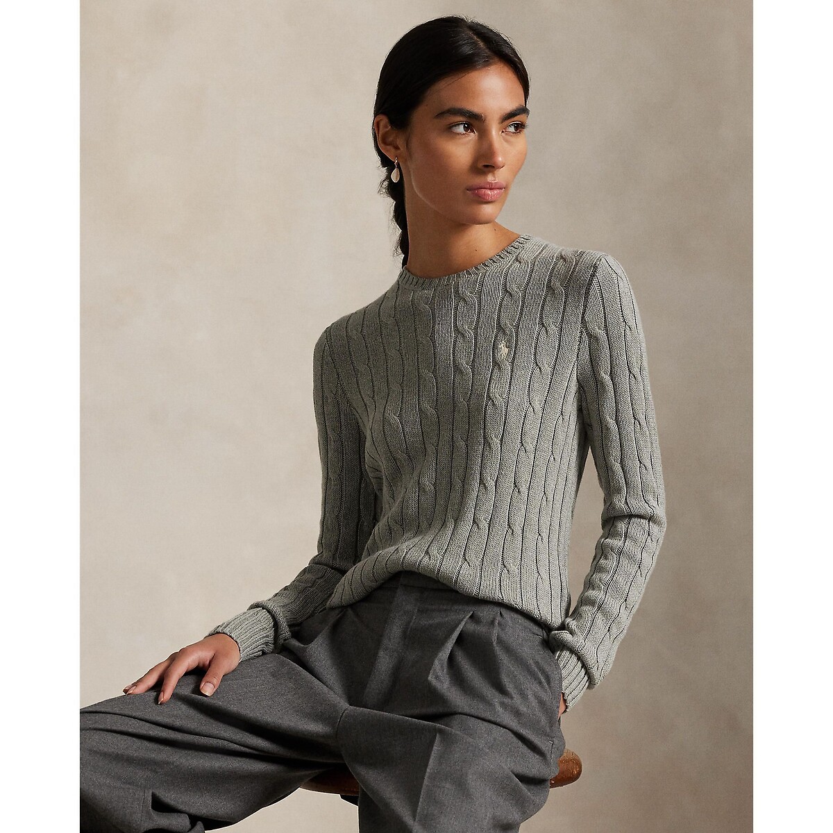 Pull à col rond, à manches longues, en maille torsadée gris, POLO RALPH LAUREN