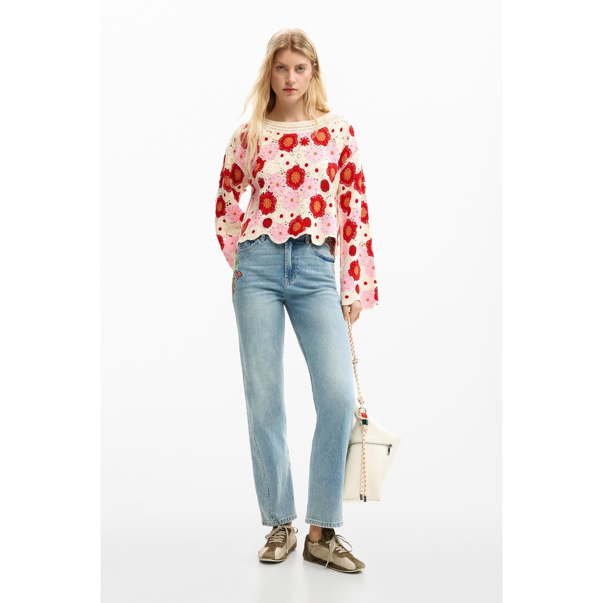 Pull fleurs crochet beige, DESIGUAL