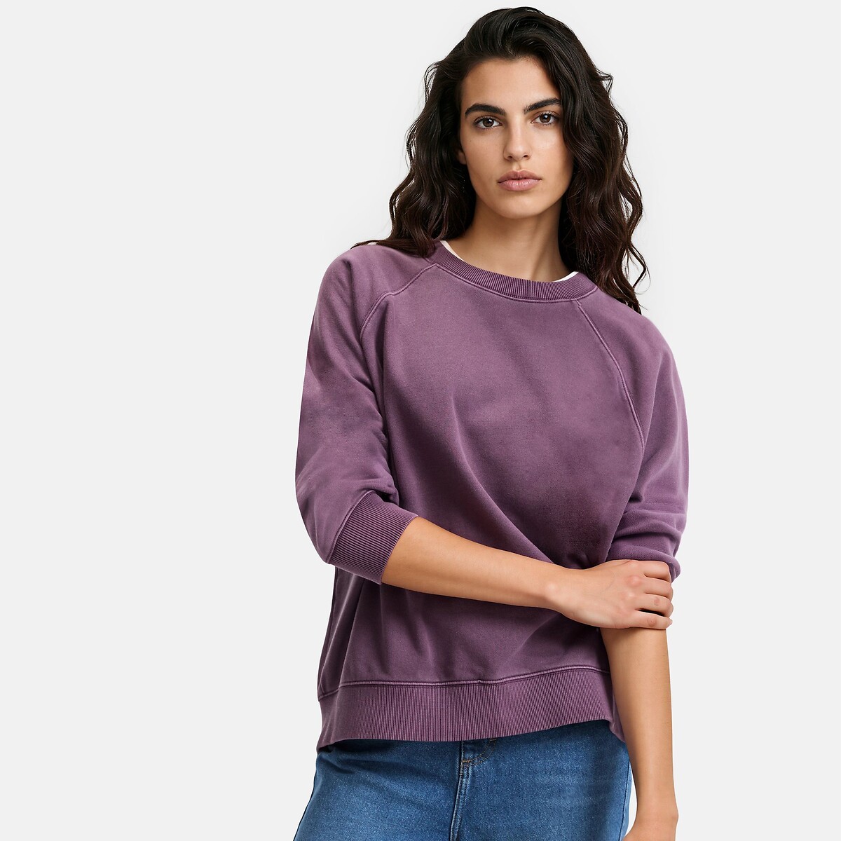 Cotton Crew Neck Faded Effect Sweatshirt purple/plum, LA REDOUTE COLLECTIONS