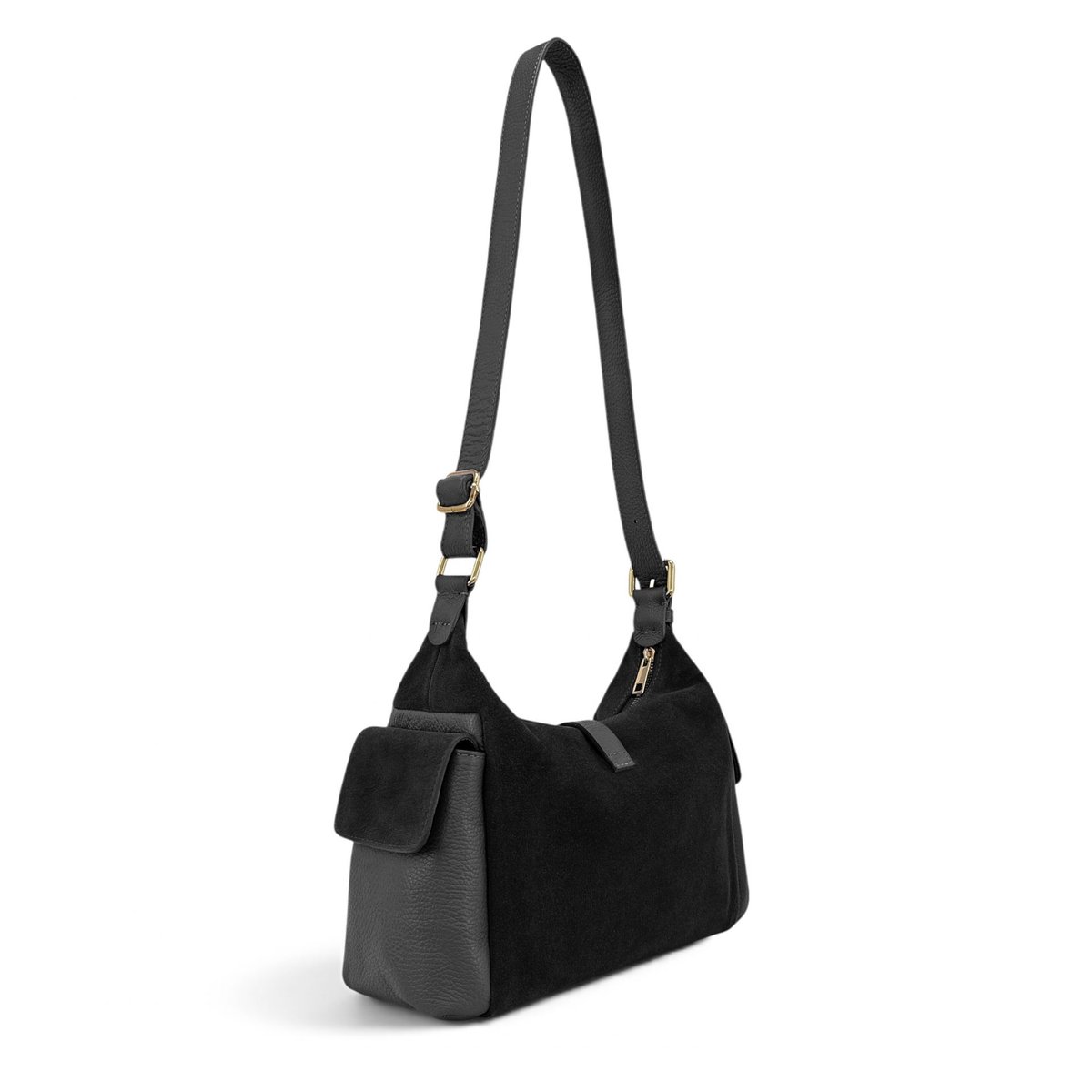 Sac hobo en cuir grainé et cuir velours LARA noir, OH MY BAG