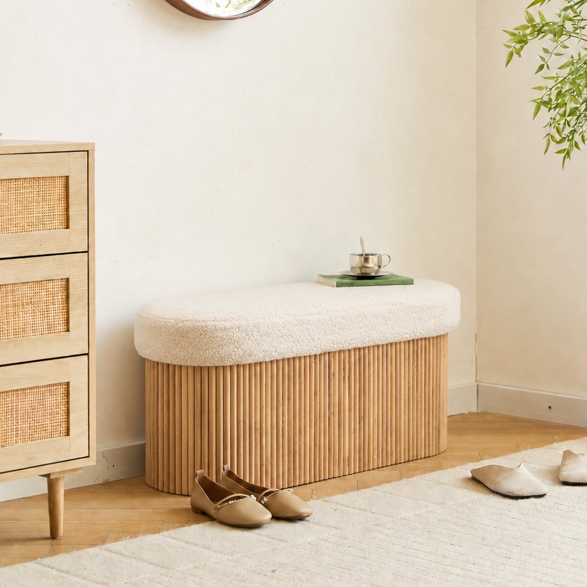Banc avec rangement, bouclette, BAOTSU blanc cassé, NORDLYS