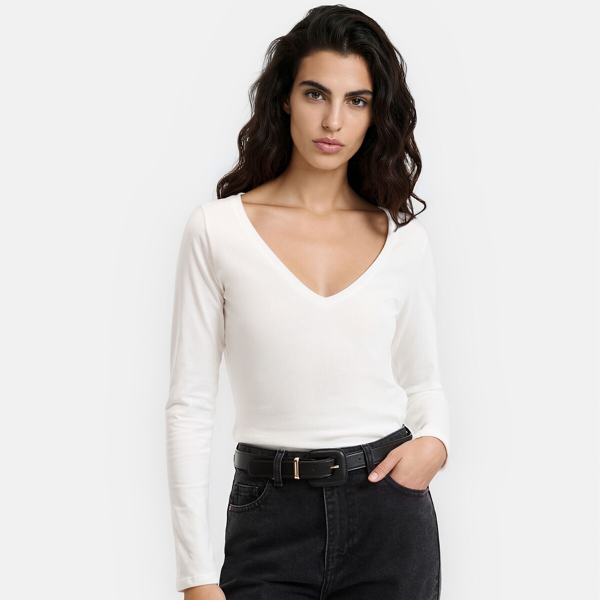 T-shirt en coton, col V, manches longues blanc, LA REDOUTE COLLECTIONS