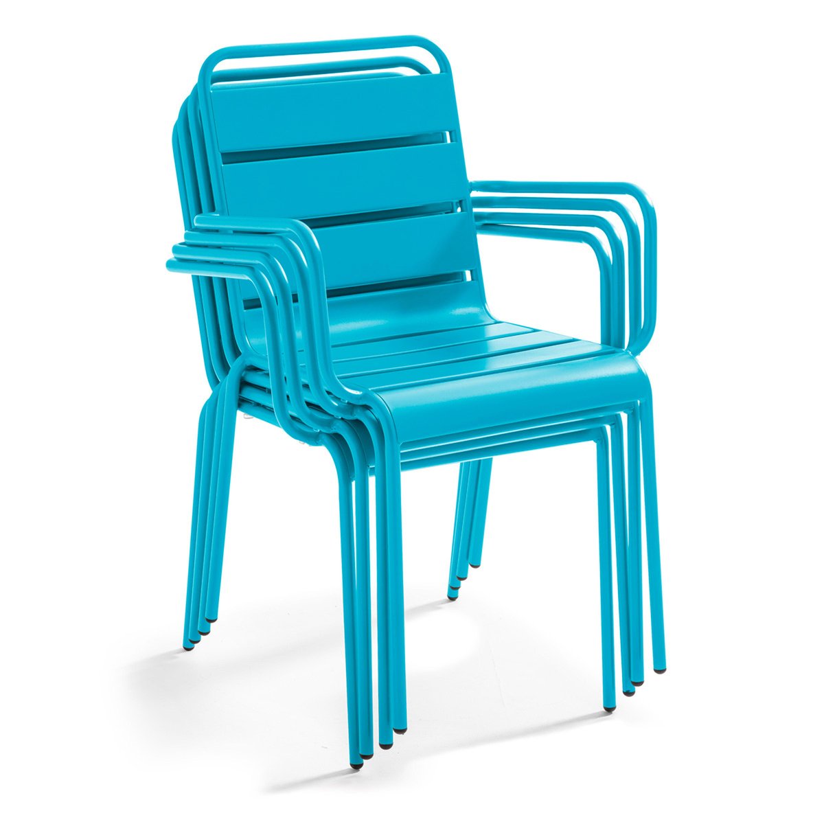 Table en HPL inclinable pied blanc et 2 chaises avec accoudoirs en métal bleu, OVIALA