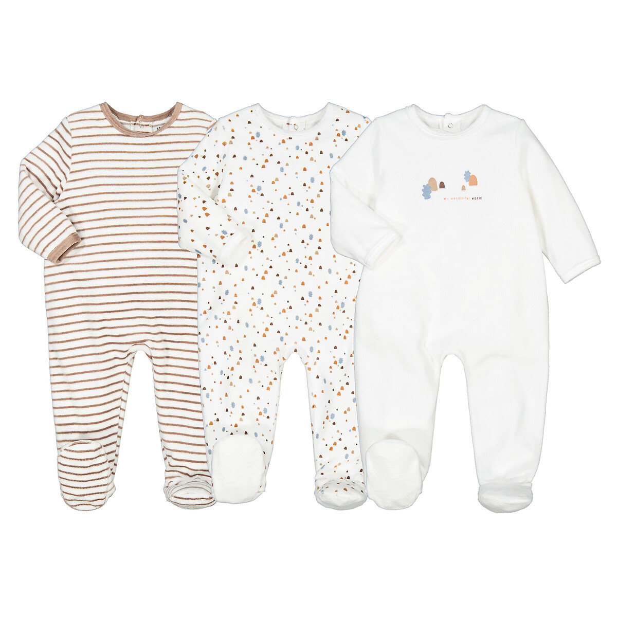 Lot de 3 pyjamas 1 pièce en velours imprimés ecru/imprimé, LA REDOUTE COLLECTIONS