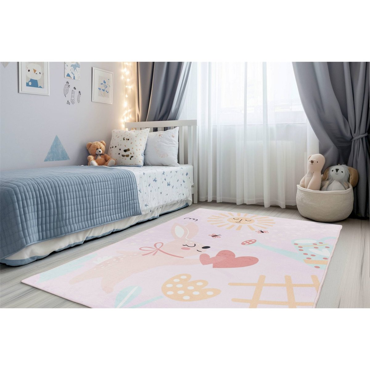 Tapis de jeu enfant rectangulaire motif lapin rose pastel lilas pour enfant, ARTE ESPINA