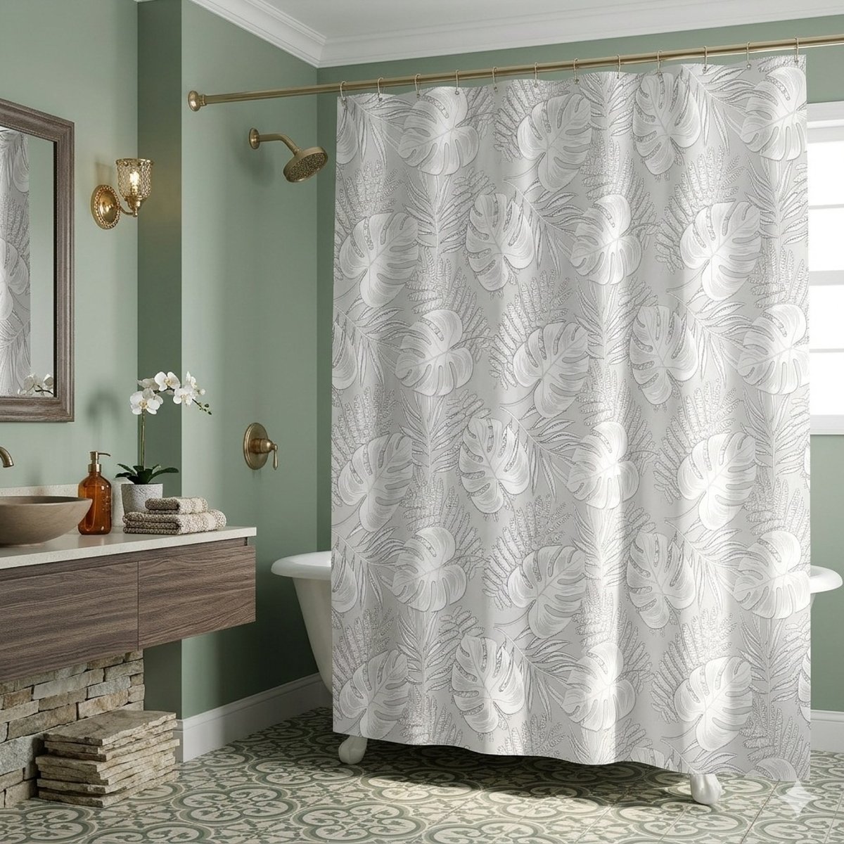 Rideau de douche motif feuillage blanc, EDEN