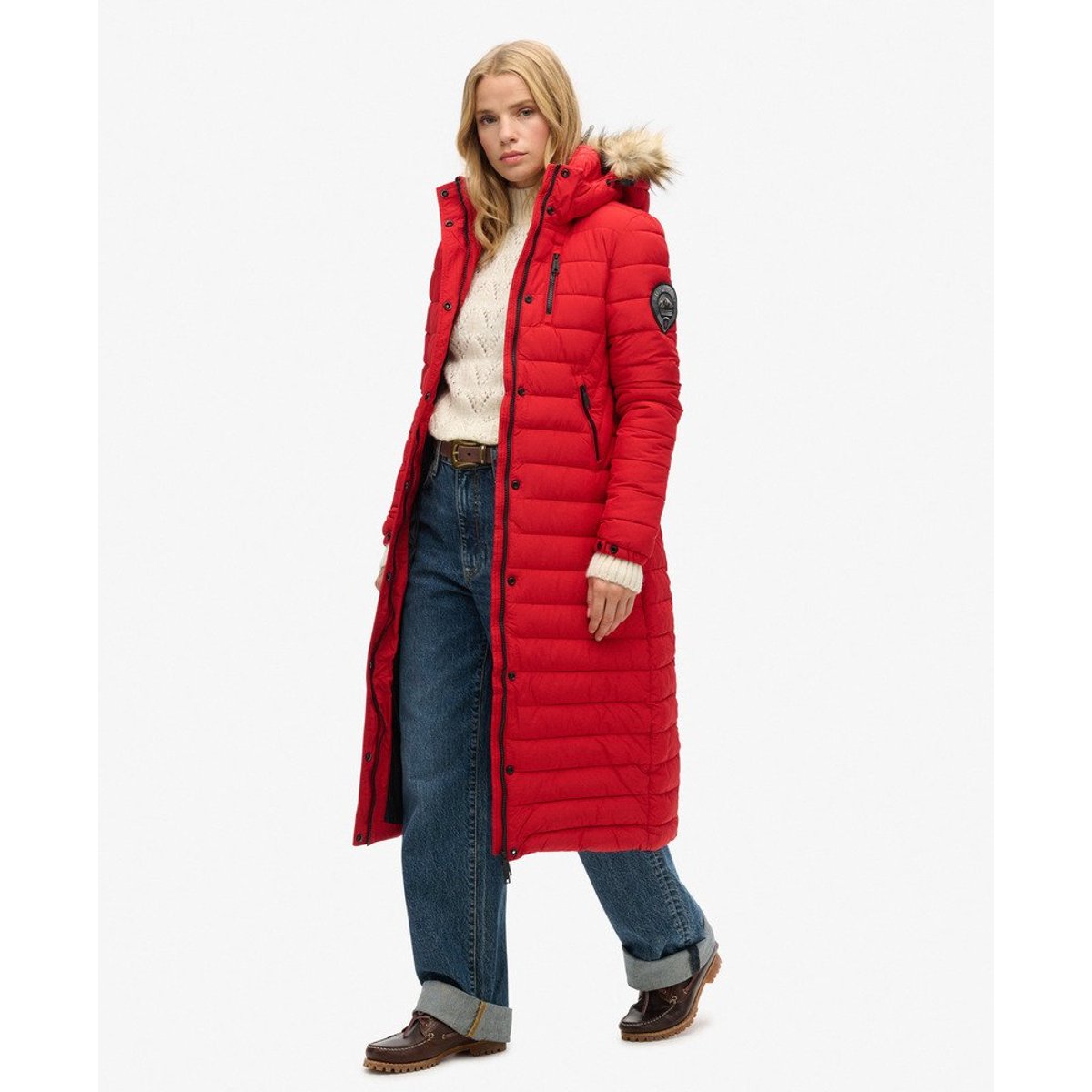 Doudoune longue à capuche Fuji rouge universitaire, SUPERDRY