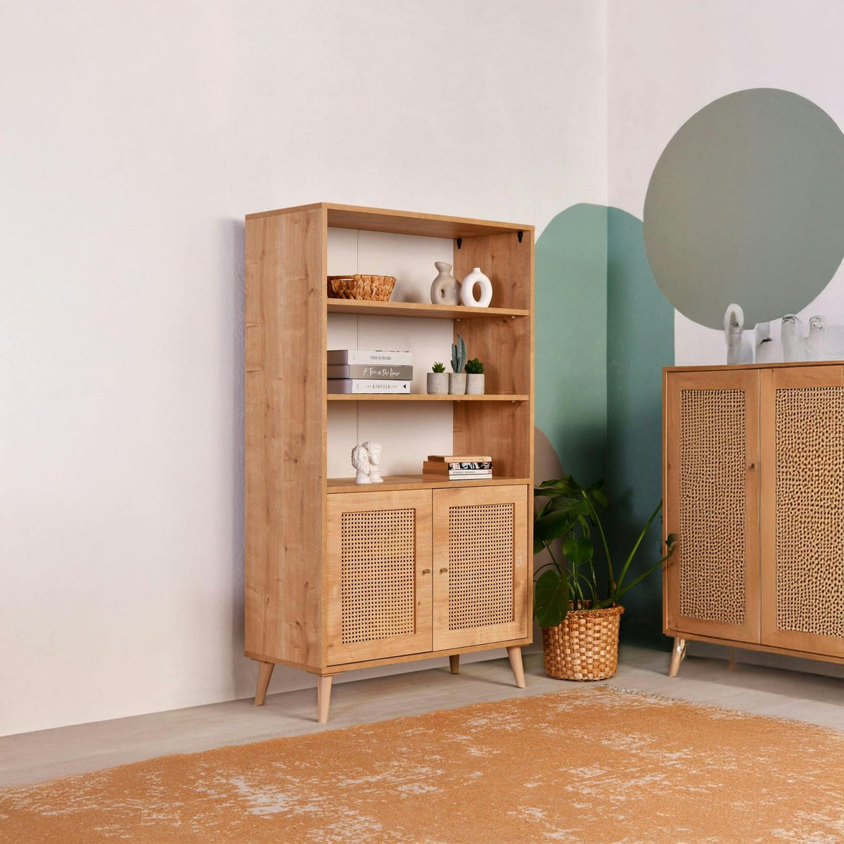 Bibliothèque vintage effet bois - 2 portes cannage MARFA bois naturel, PIER IMPORT