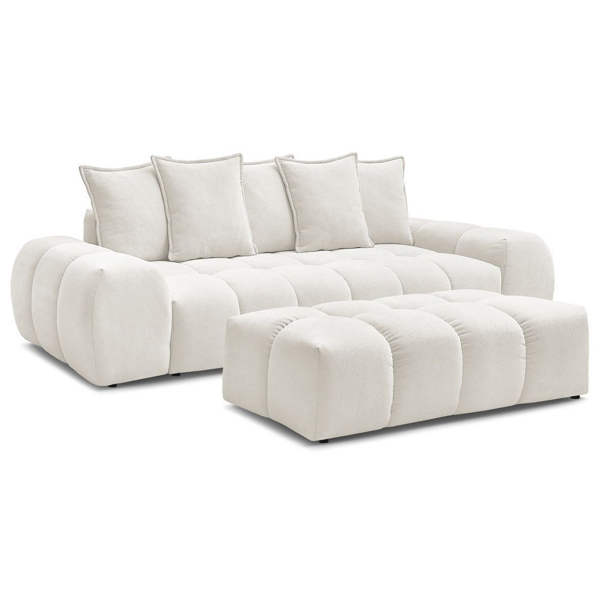 Canapé droit fixe 3 places en tissu texturé avec pouf, EVEREST blanc, BOBOCHIC
