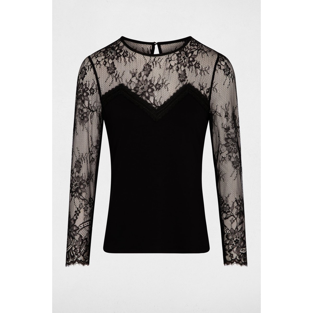 T-shirt dentelle col rond noir, MORGAN