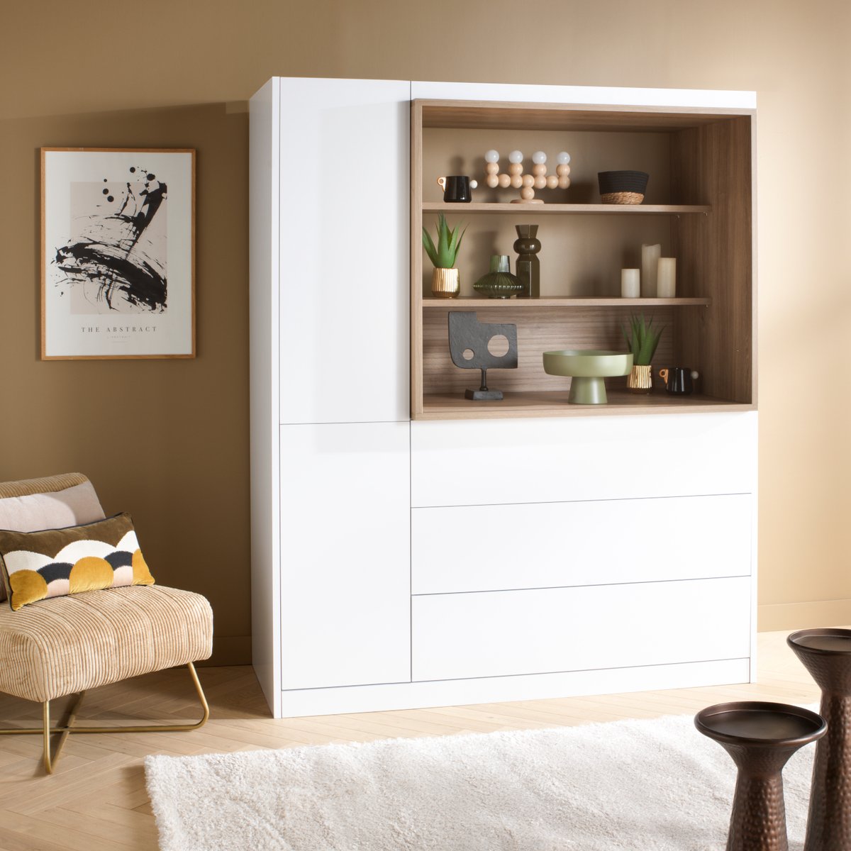 Combiné commode à langer 3 tiroirs, 1 colonne et niche décor chêne mokka blanc, SAUTHON