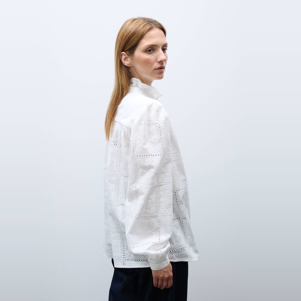 Blouse manches longues brodée en coton blanc, MONOPRIX